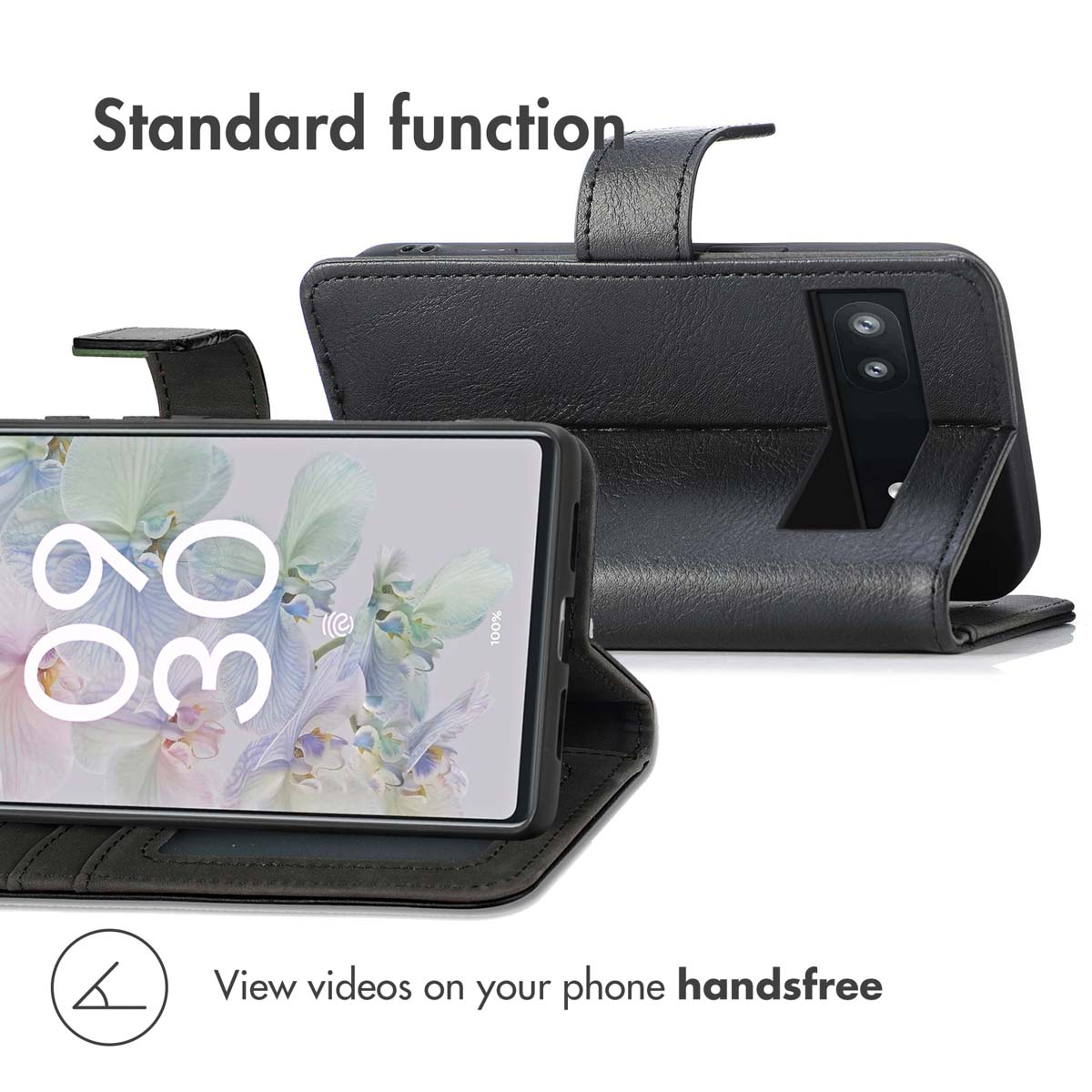 Étui de téléphone en cuir noir avec fonction support montrant l'écran avec l'heure.