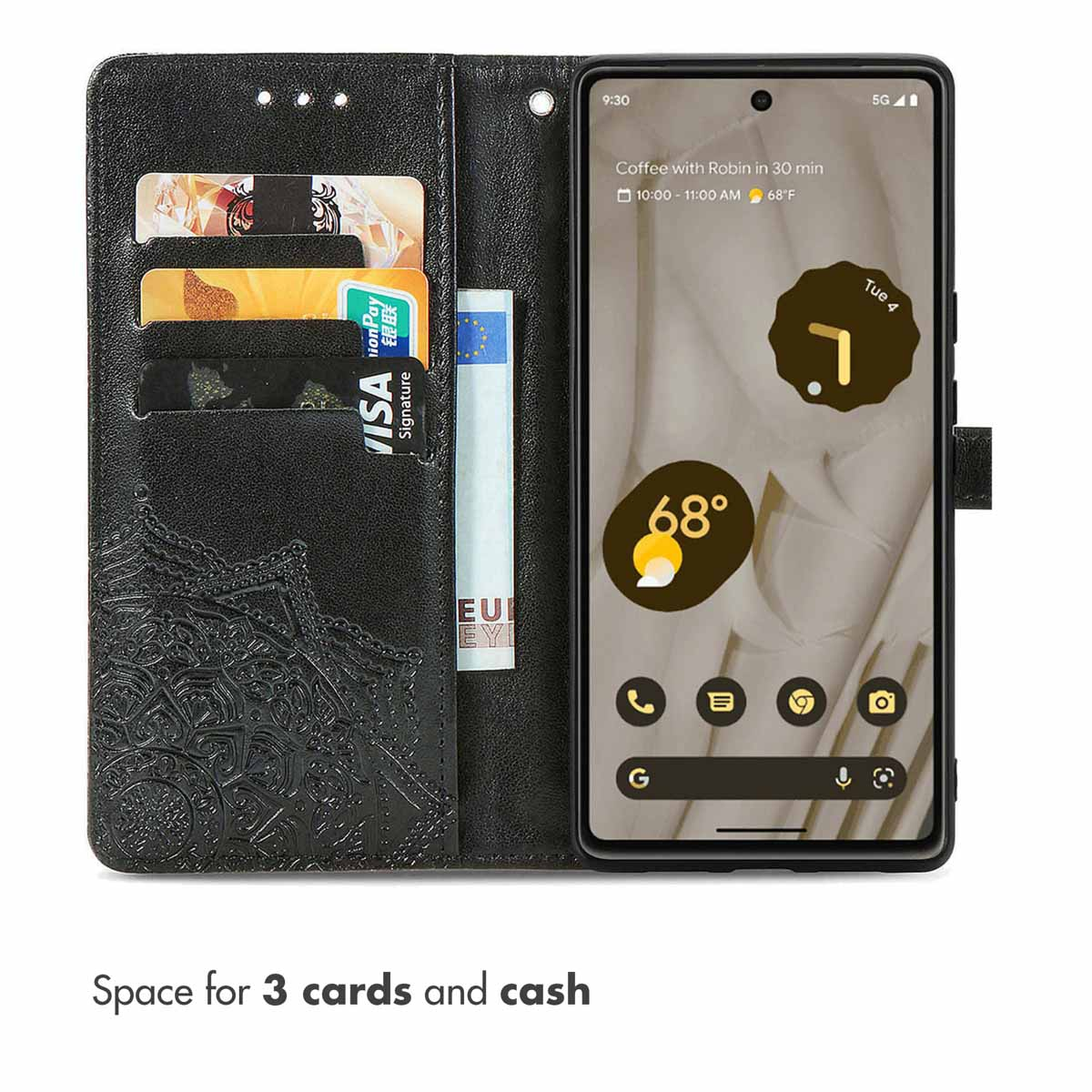 Una custodia per cellulare in pelle nera con tre tasche per carte e una tasca per contanti con banconote in euro.