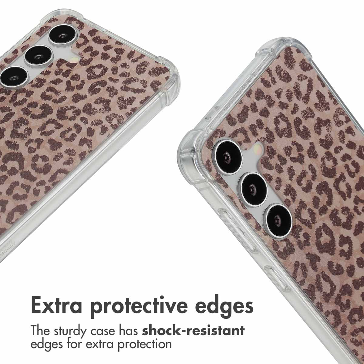 Deux coques de téléphone avec motif léopard et bords transparents antichocs, avec des caméras verticales.