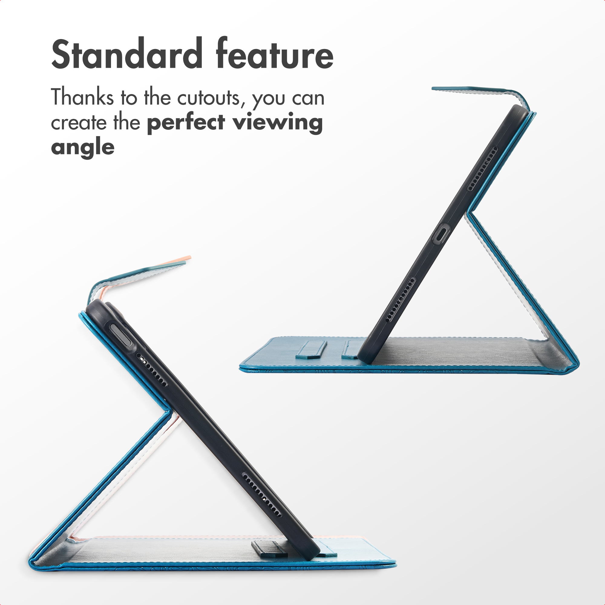 Two tablets in blue cases showing different viewing angles on a white background.
