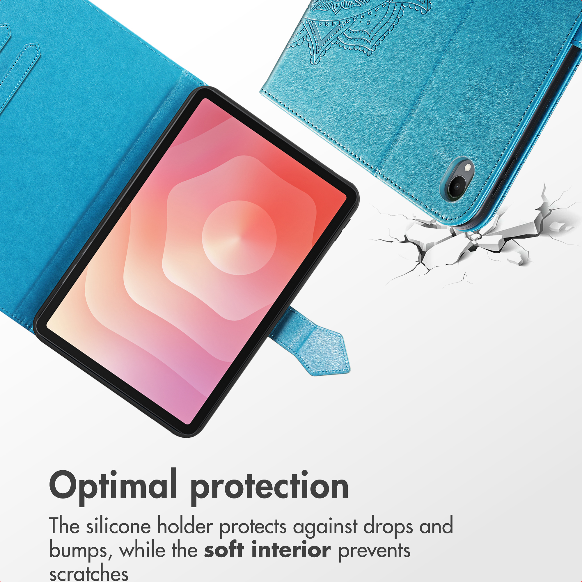 Blue tablet case with protective features and mandala pattern over a cracked background.