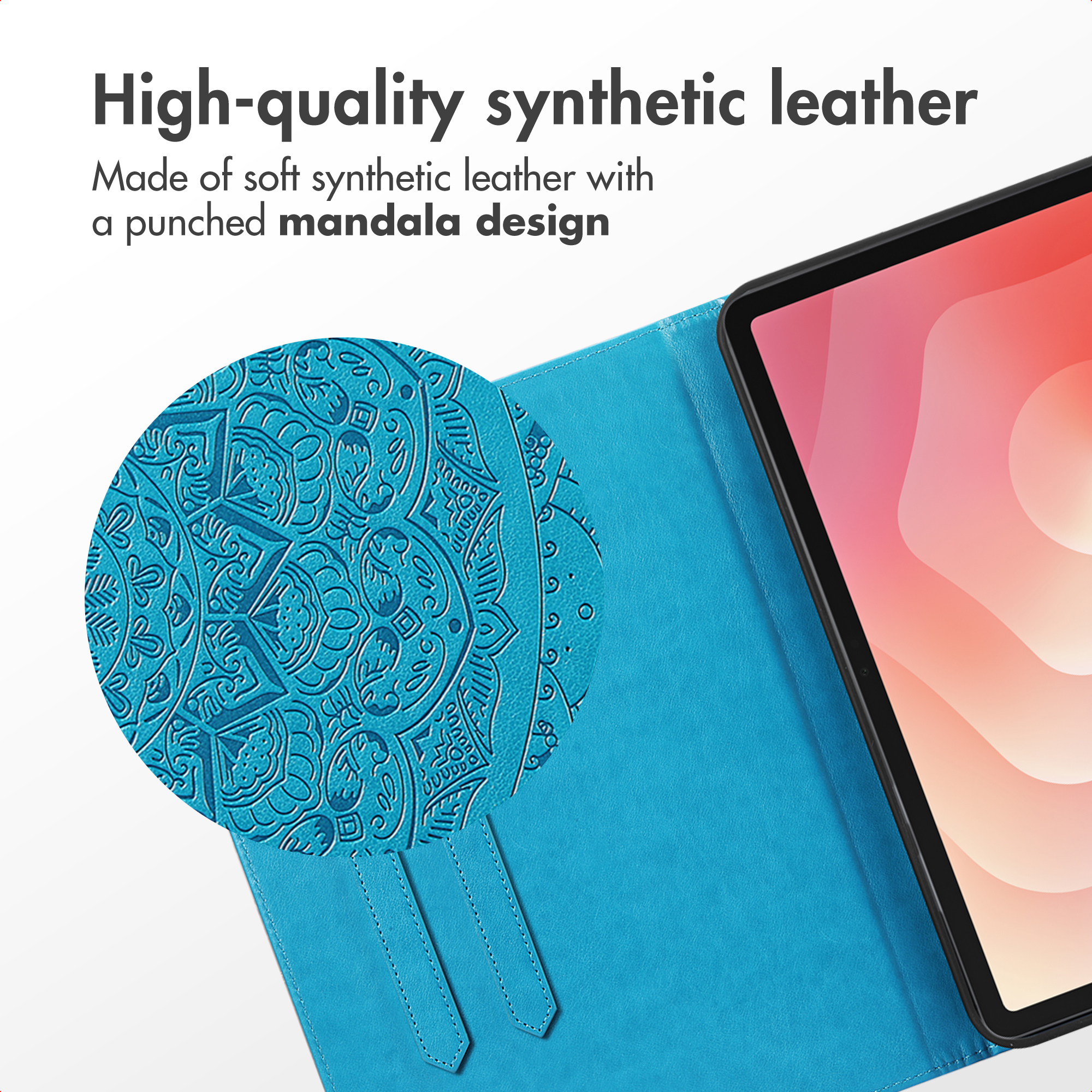 Blue synthetic leather tablet case featuring a mandala pattern and text.
