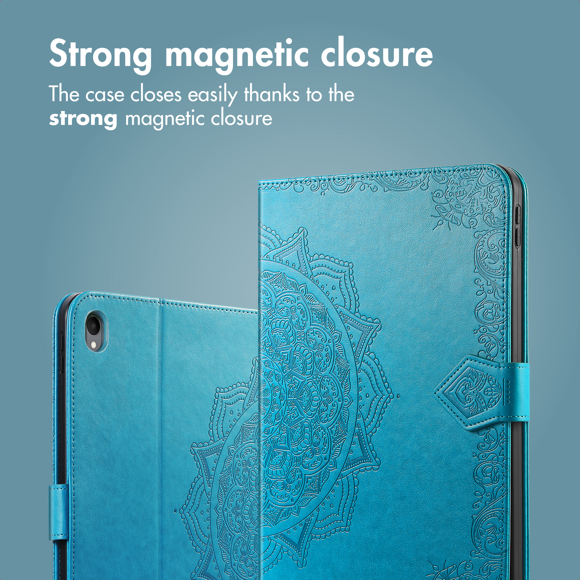 Turquoise tablet case with mandala embossing and strong magnetic closure.