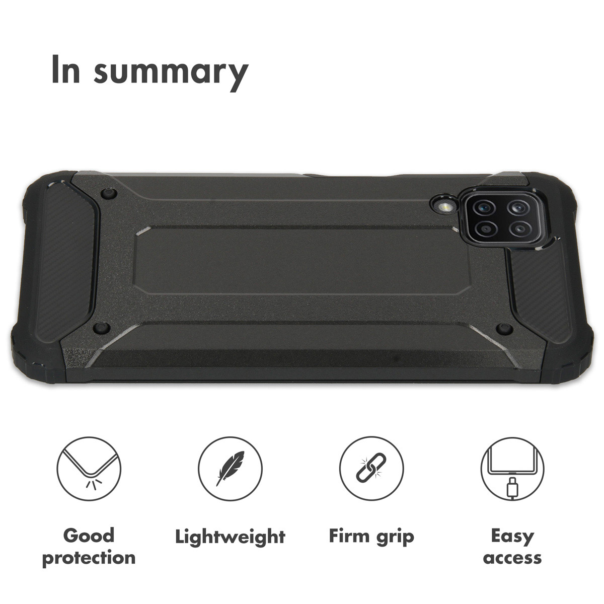 Coque de protection noire avec quatre icônes pour protection, légèreté, prise en main et accès.