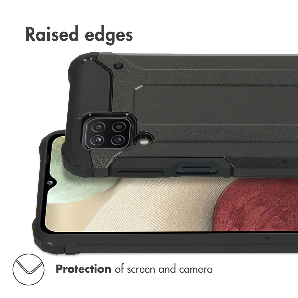 Coque de protection noire avec bords surélevés pour écran et caméra.
