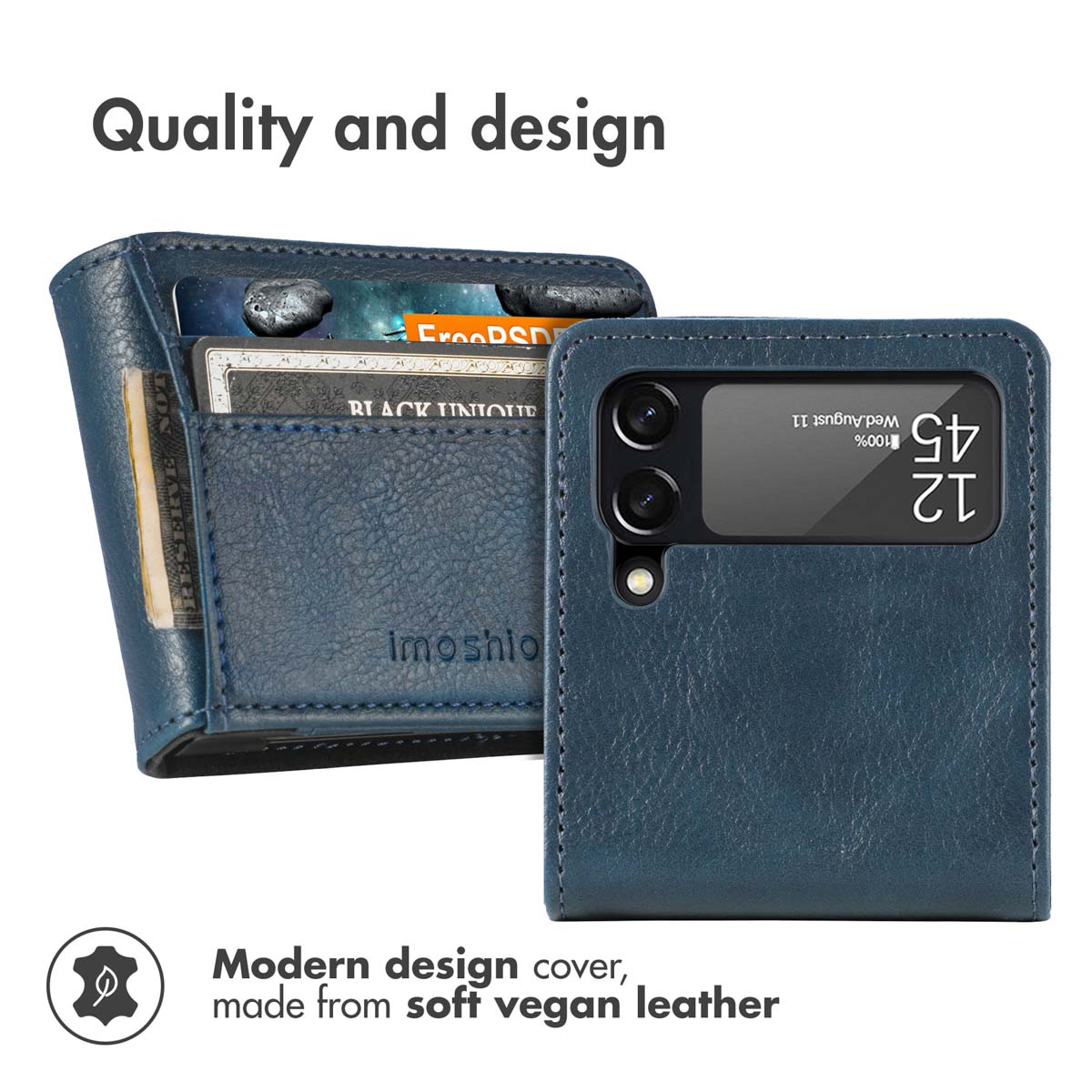 Un étui de téléphone en cuir végétalien bleu avec cartes et argent, et un texte sur la qualité et le design.