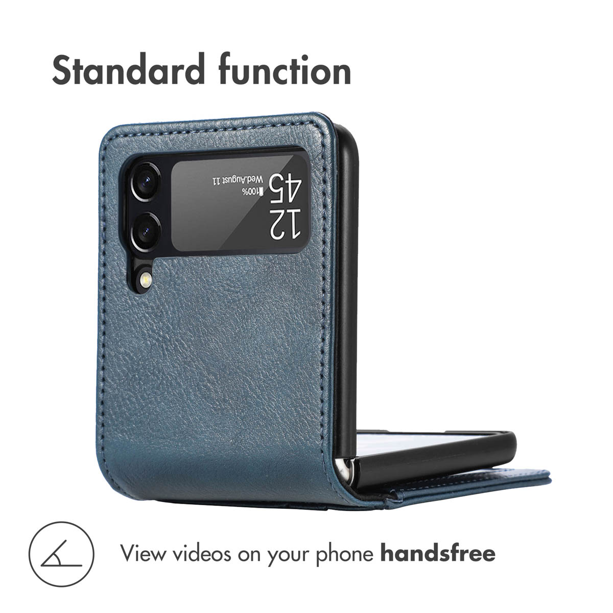 Un étui de téléphone pliable en cuir bleu ouvert sur fond blanc.