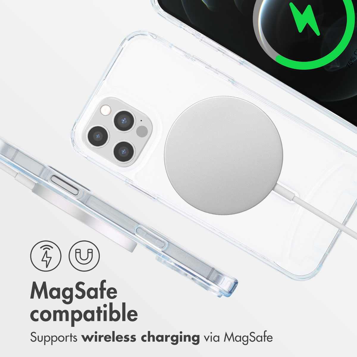 Funda transparente MagSafe para teléfono con cargador inalámbrico.