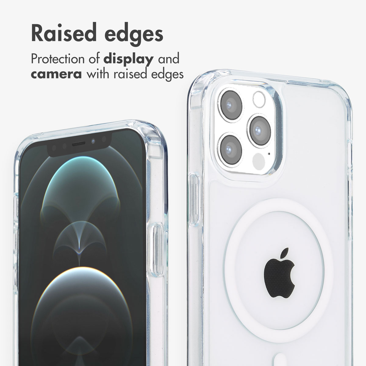 Dos teléfonos en funda protectora transparente muestran la pantalla y la cámara con bordes elevados.