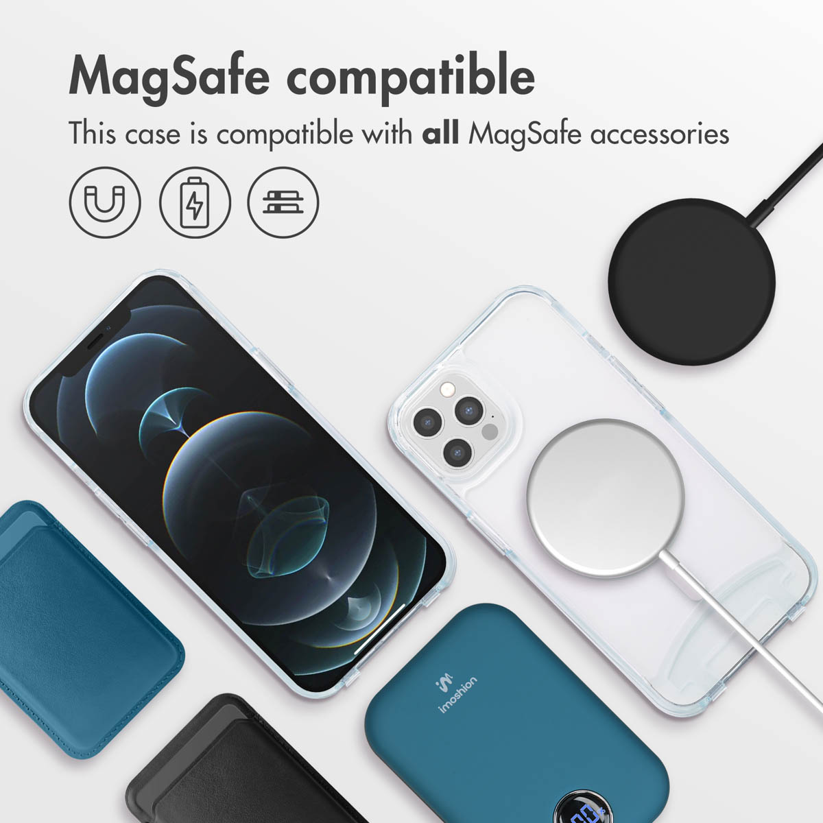 Fundador compatible con MagSafe con varios accesorios magnéticos sobre fondo claro.