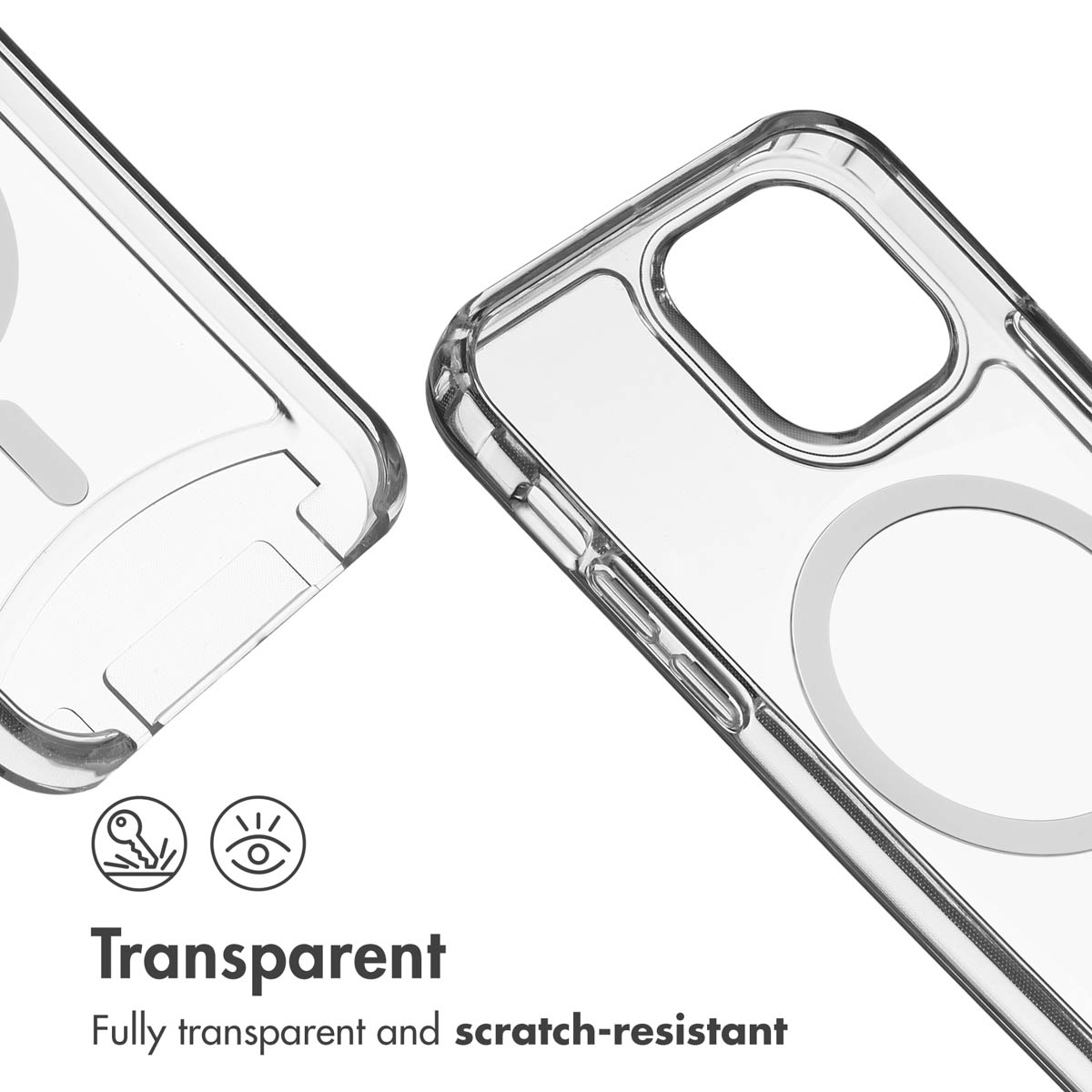 Funda de teléfono transparente y resistente a los arañazos con iconos y texto.