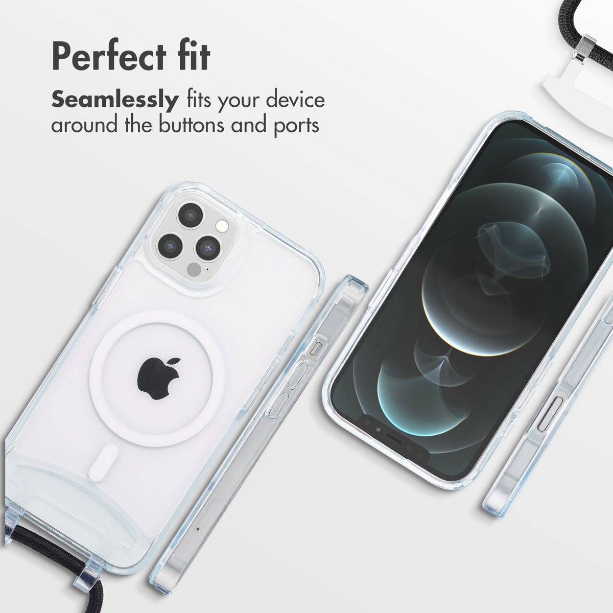 Funda transparente para teléfono con MagSafe y cordón sobre fondo blanco.