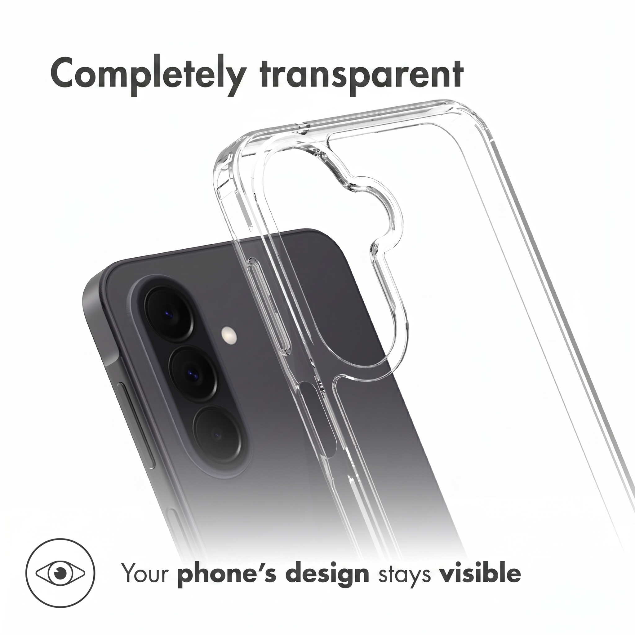 Eine klare, transparente Handyschutzhülle liegt über einem dunkelgrauen Smartphone vor weißem Hintergrund.