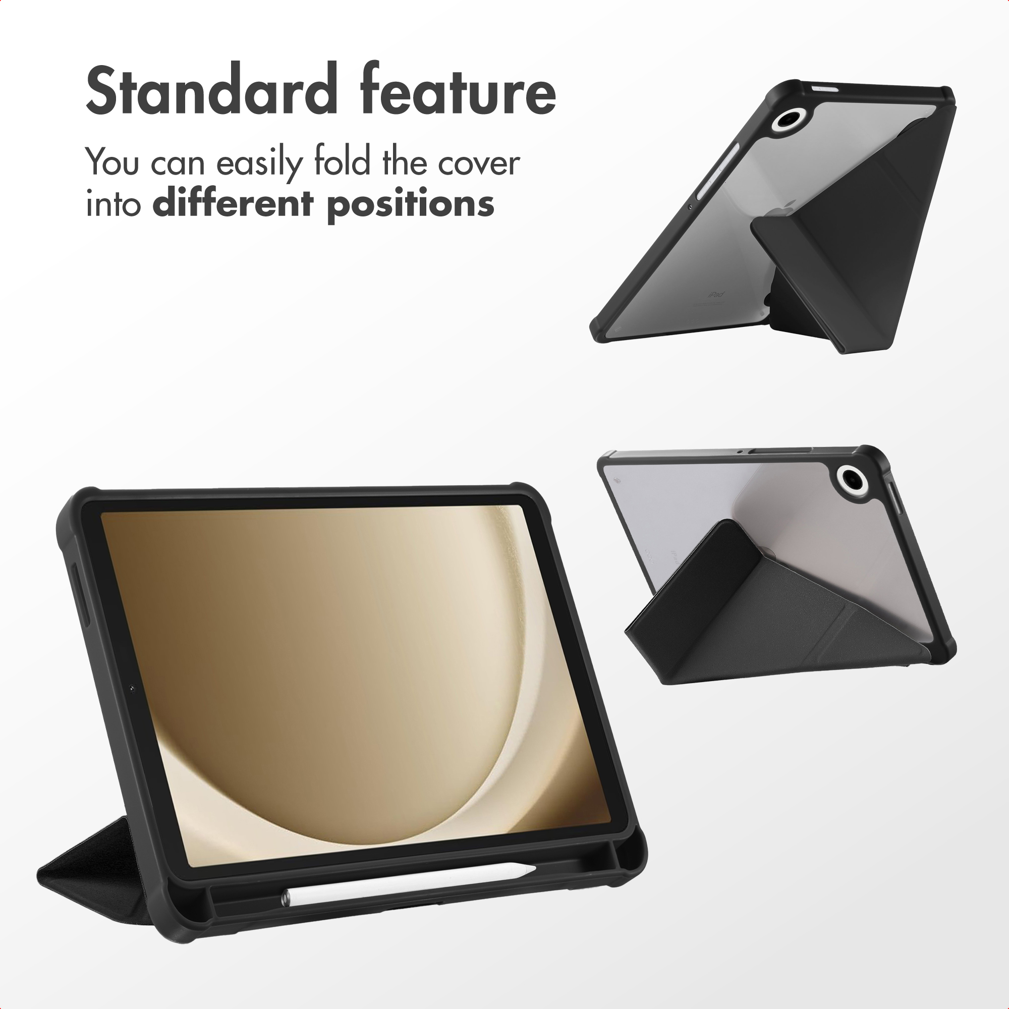 Une tablette dans une housse pliante noire, vue de face et de dos dans différentes positions.