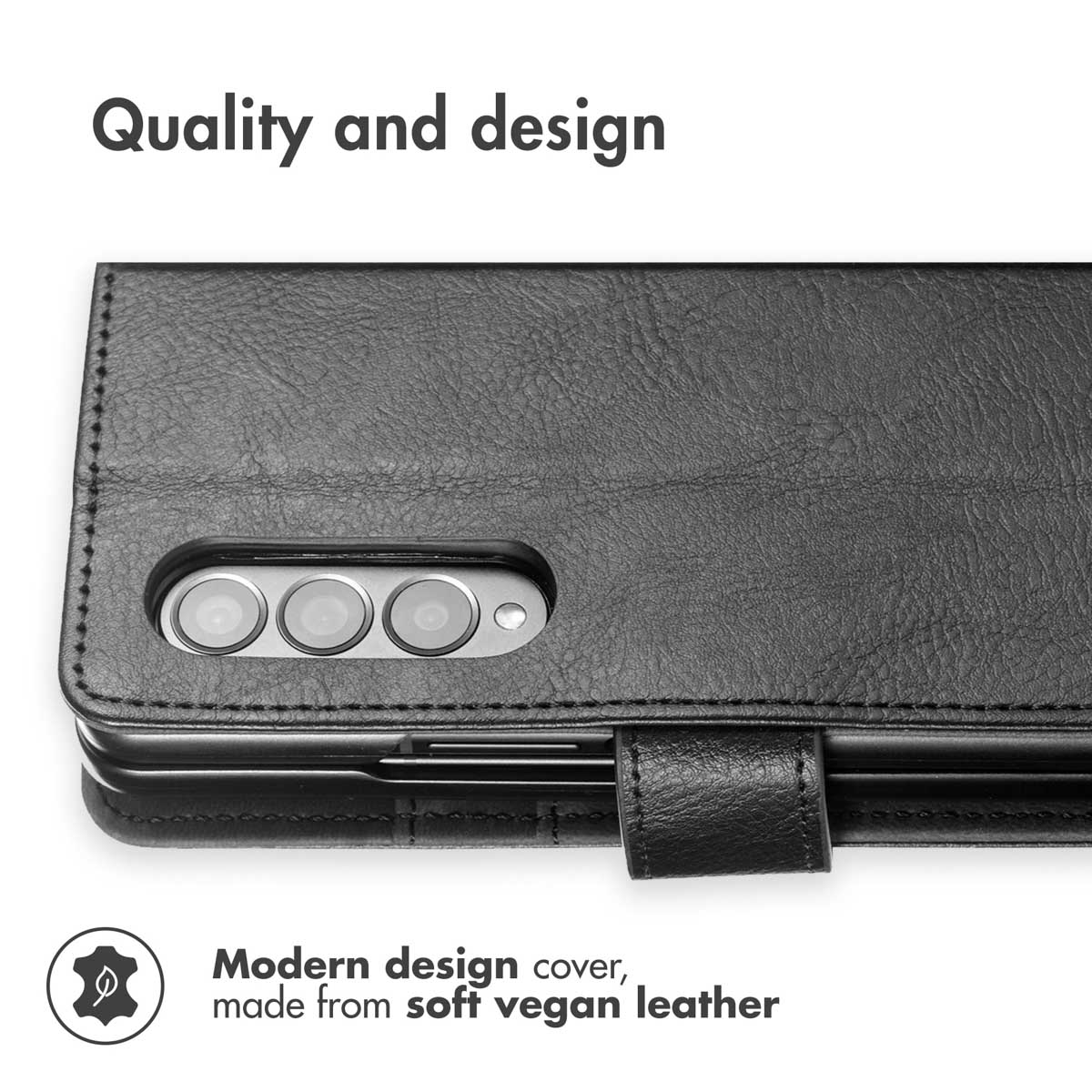 Étui de téléphone en cuir végétalien noir avec découpe pour appareil photo.