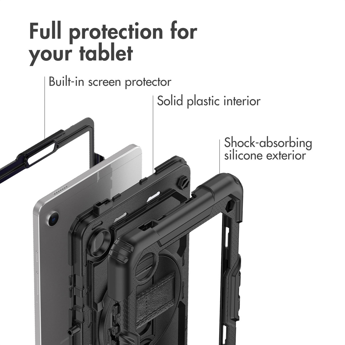 Explosietekening van een tablethoesje met ingebouwde screenprotector, kunststof binnenzijde en siliconen buitenzijde.