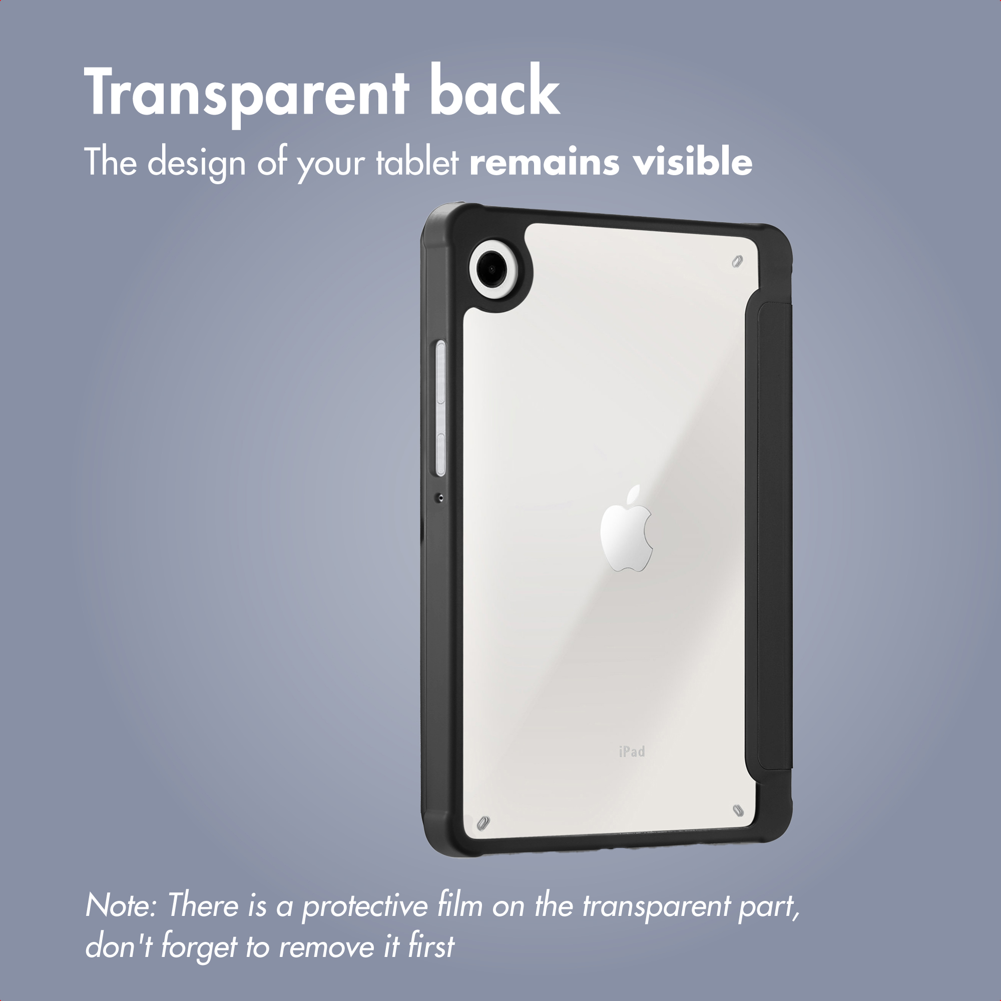 Une tablette avec une coque arrière transparente montrant le logo Apple, sur fond gris.