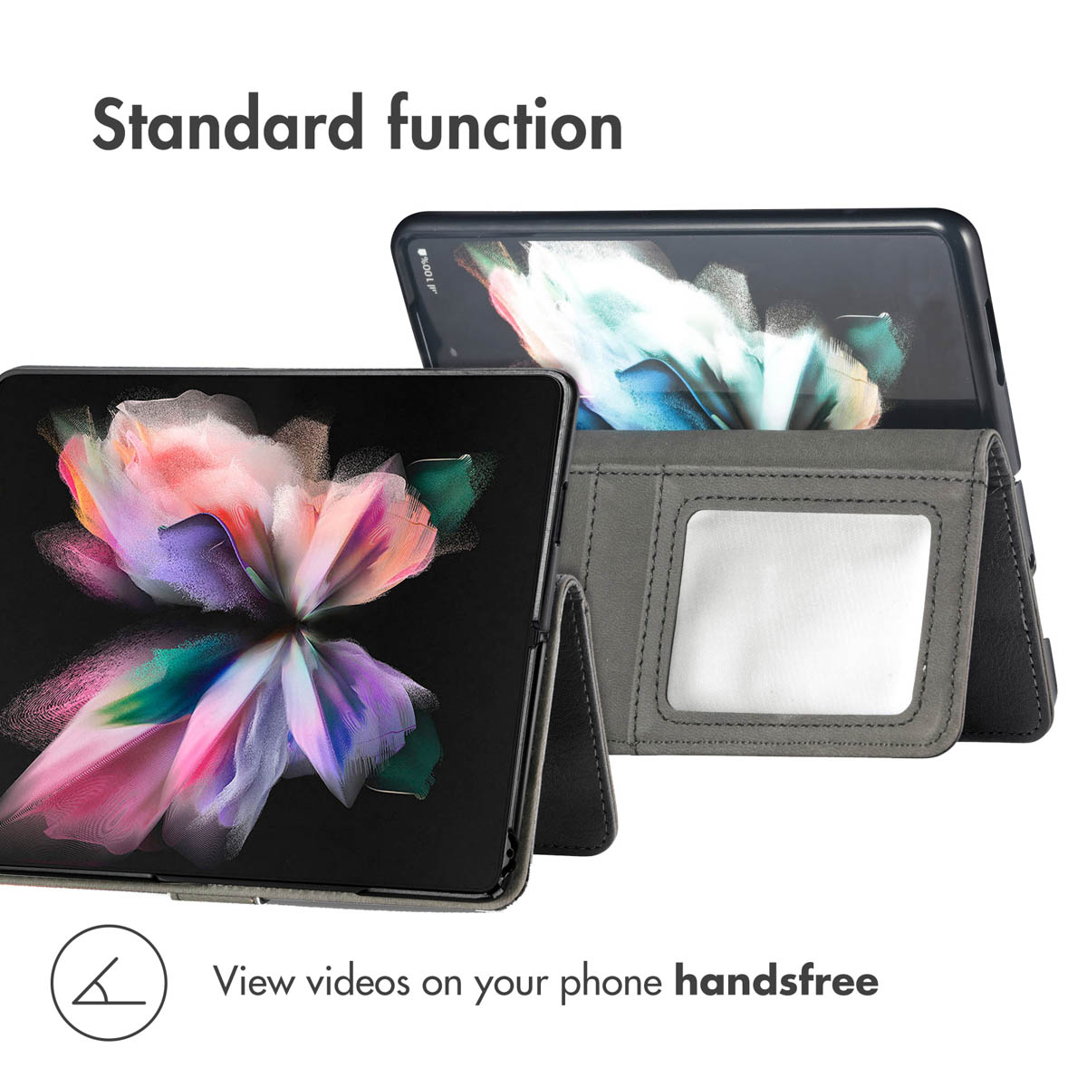 Deux étuis de téléphone pliables gris avec écrans colorés et fonction support.