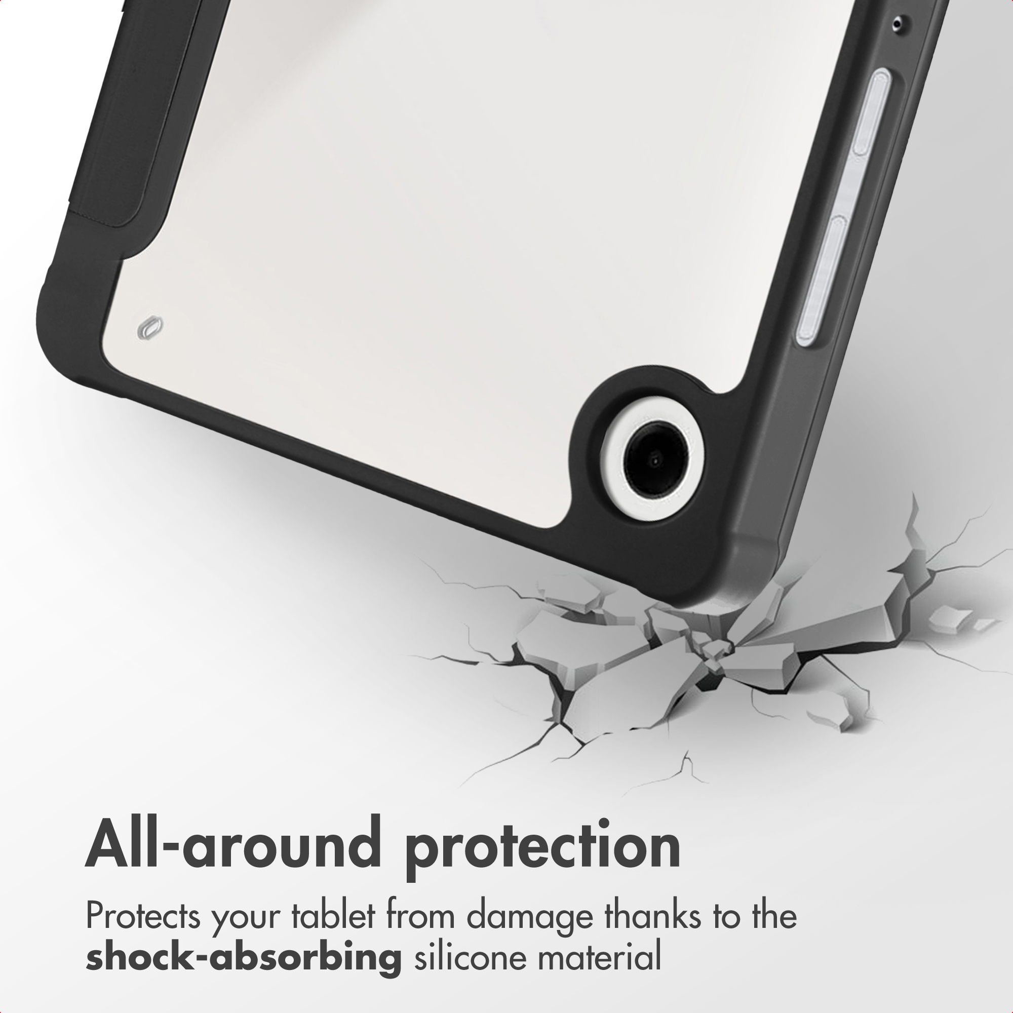 Une tablette dans une coque noire au-dessus d'une surface fissurée.