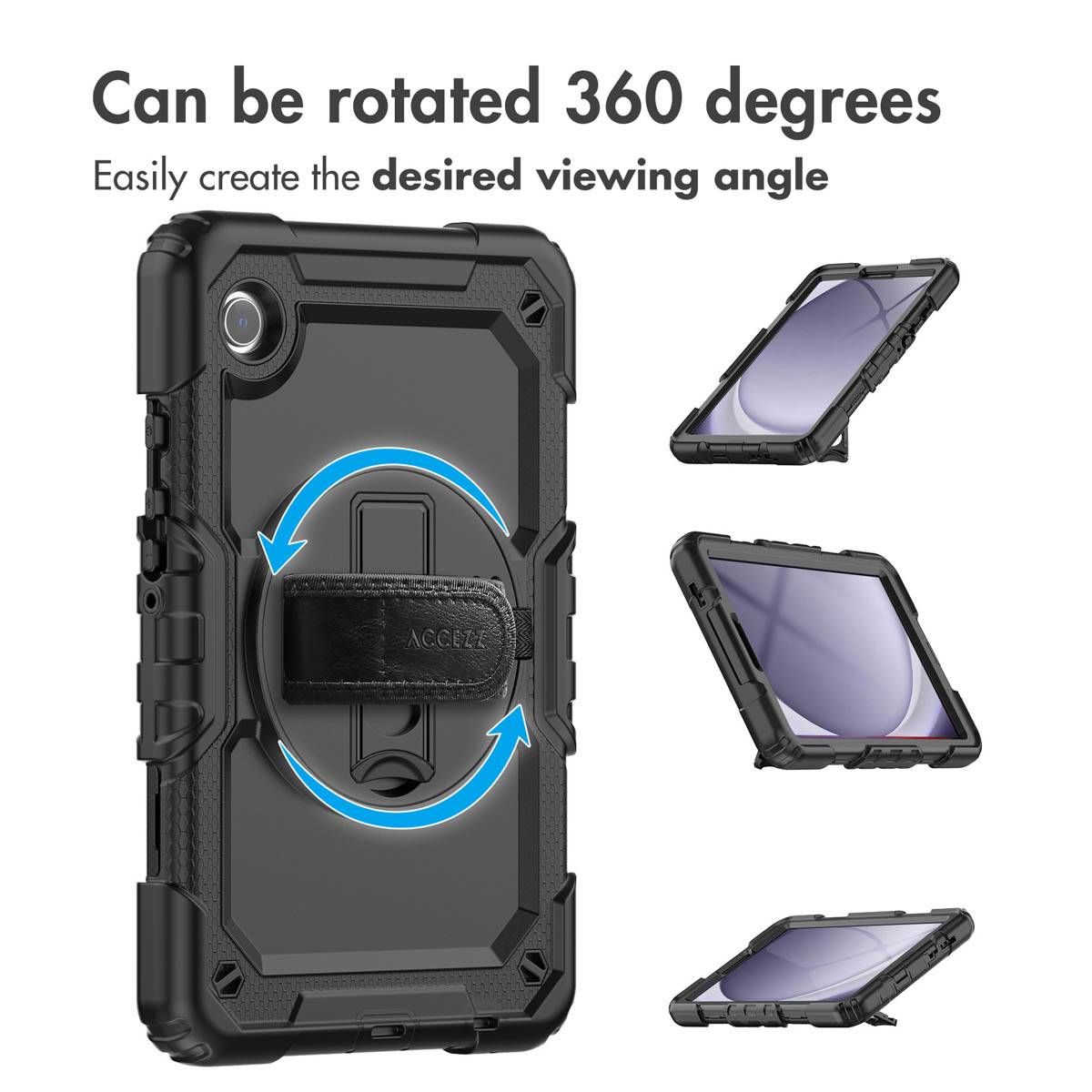 Zwarte beschermhoes met 360 graden draaibare stand en handriem.
