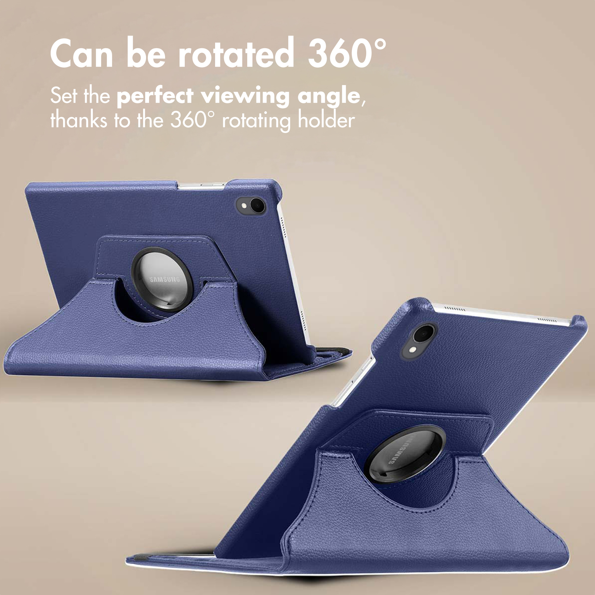 Two blue tablet cases with 360-degree rotating holders on a light background.