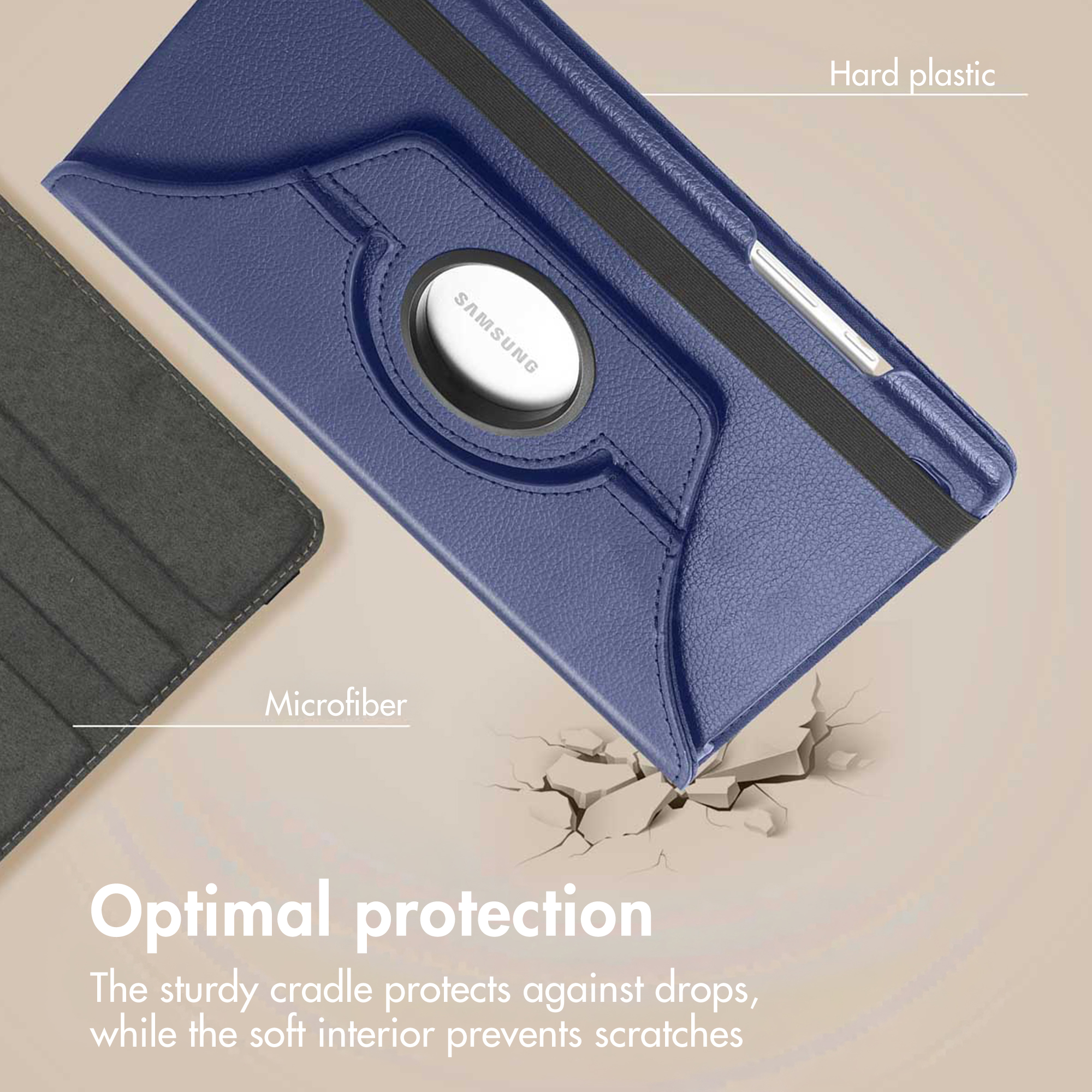 Blue Samsung tablet case made of faux leather with hard plastic and microfiber.