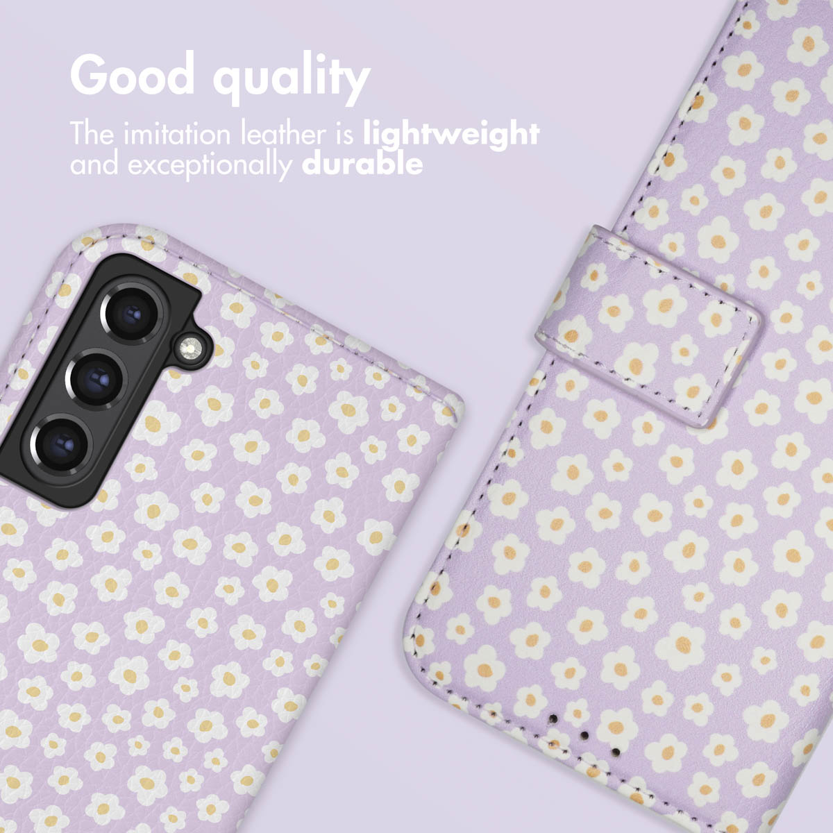 Coque de téléphone violette avec motif de marguerites blanches.