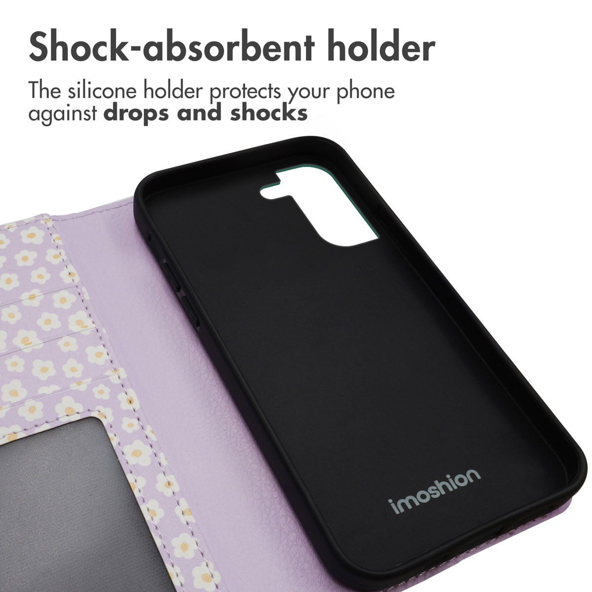 Étui de téléphone violet avec motif floral et support en silicone noir.