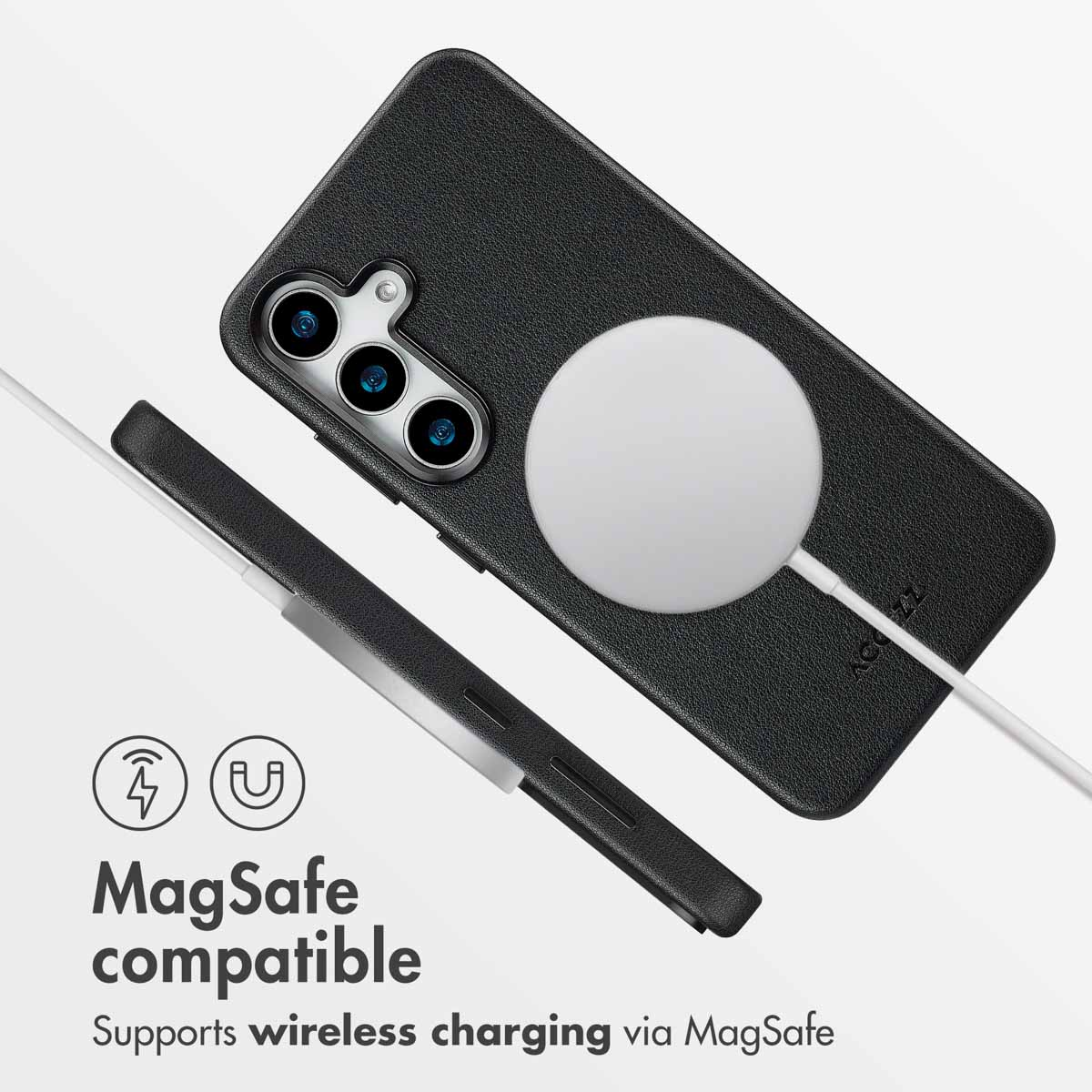Custodia per telefono nera con caricatore MagSafe, scritta "MagSafe compatible" e icone.