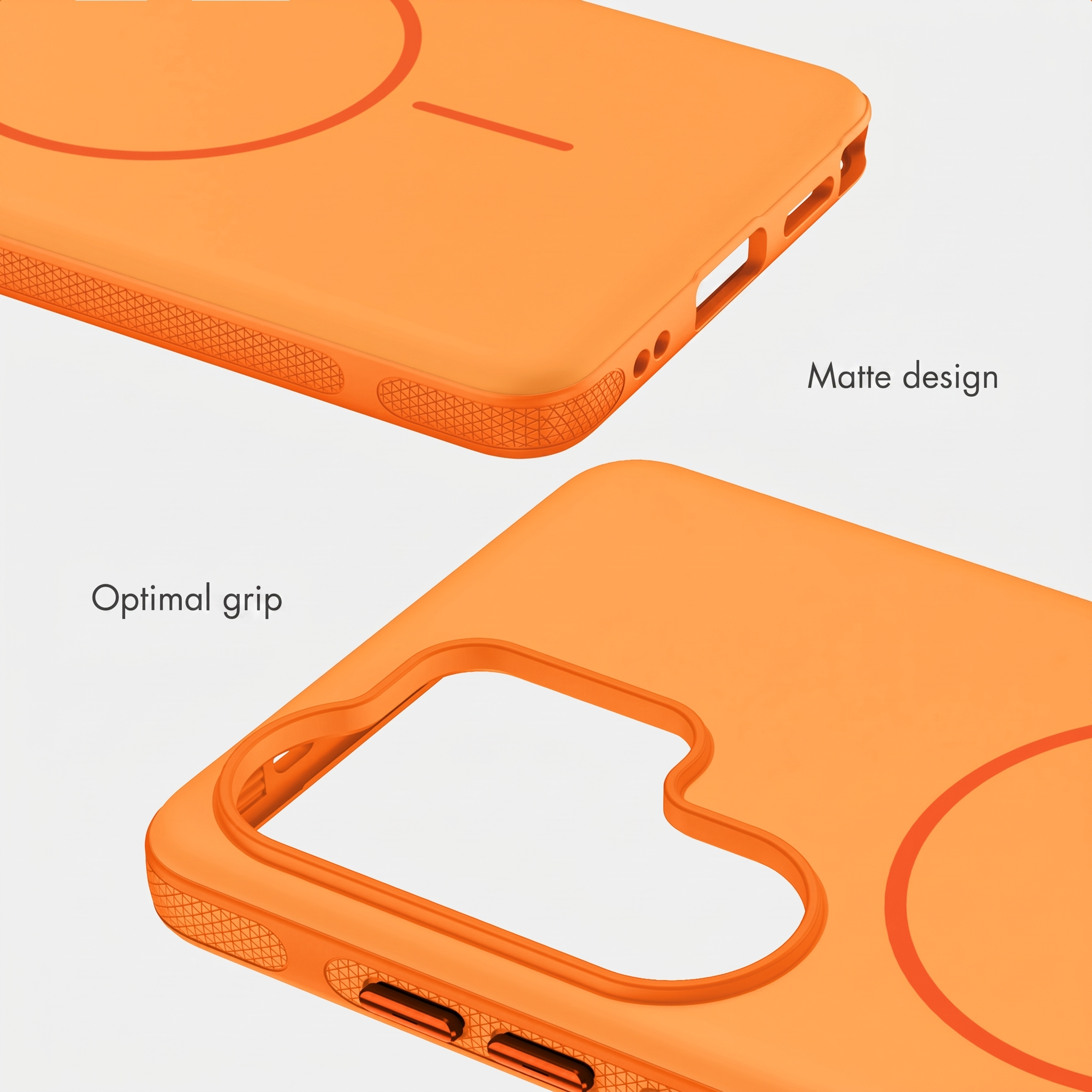 Zwei Ansichten einer orangen Silikon-Handyhülle mit strukturierten Seiten für Grip und mattem Finish.