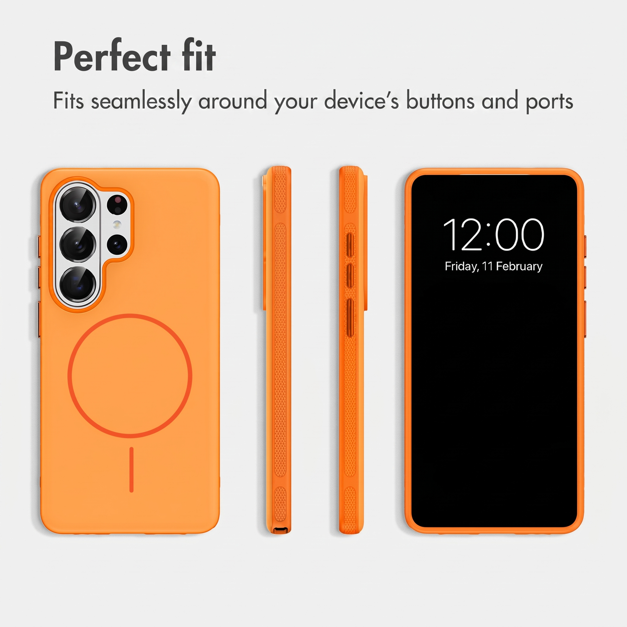 Eine orangefarbene Handyschale aus vier Perspektiven auf weißem Hintergrund mit Text.