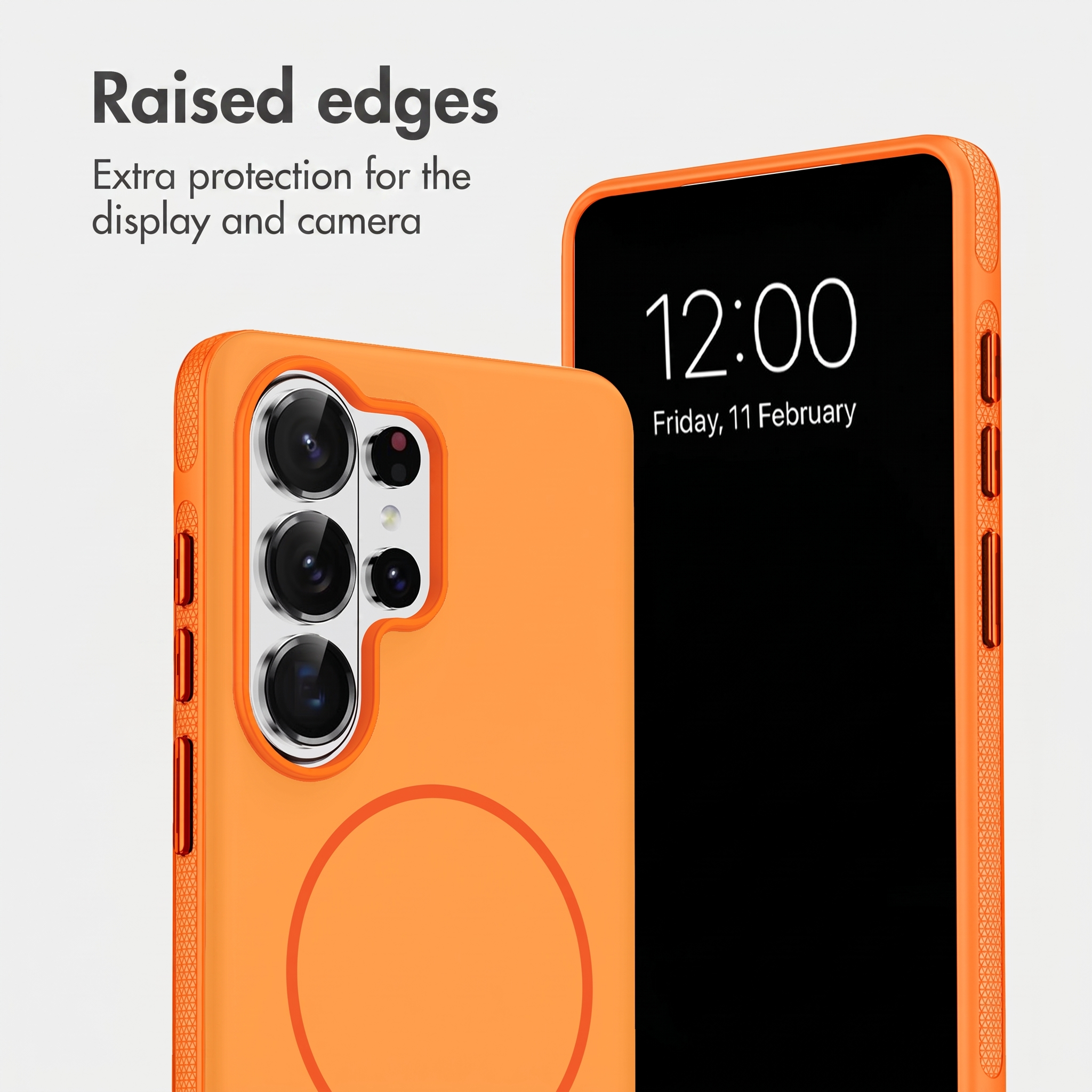 Oranger Smartphone-Hülle mit erhöhten Kanten zum Schutz von Display und Kamera.