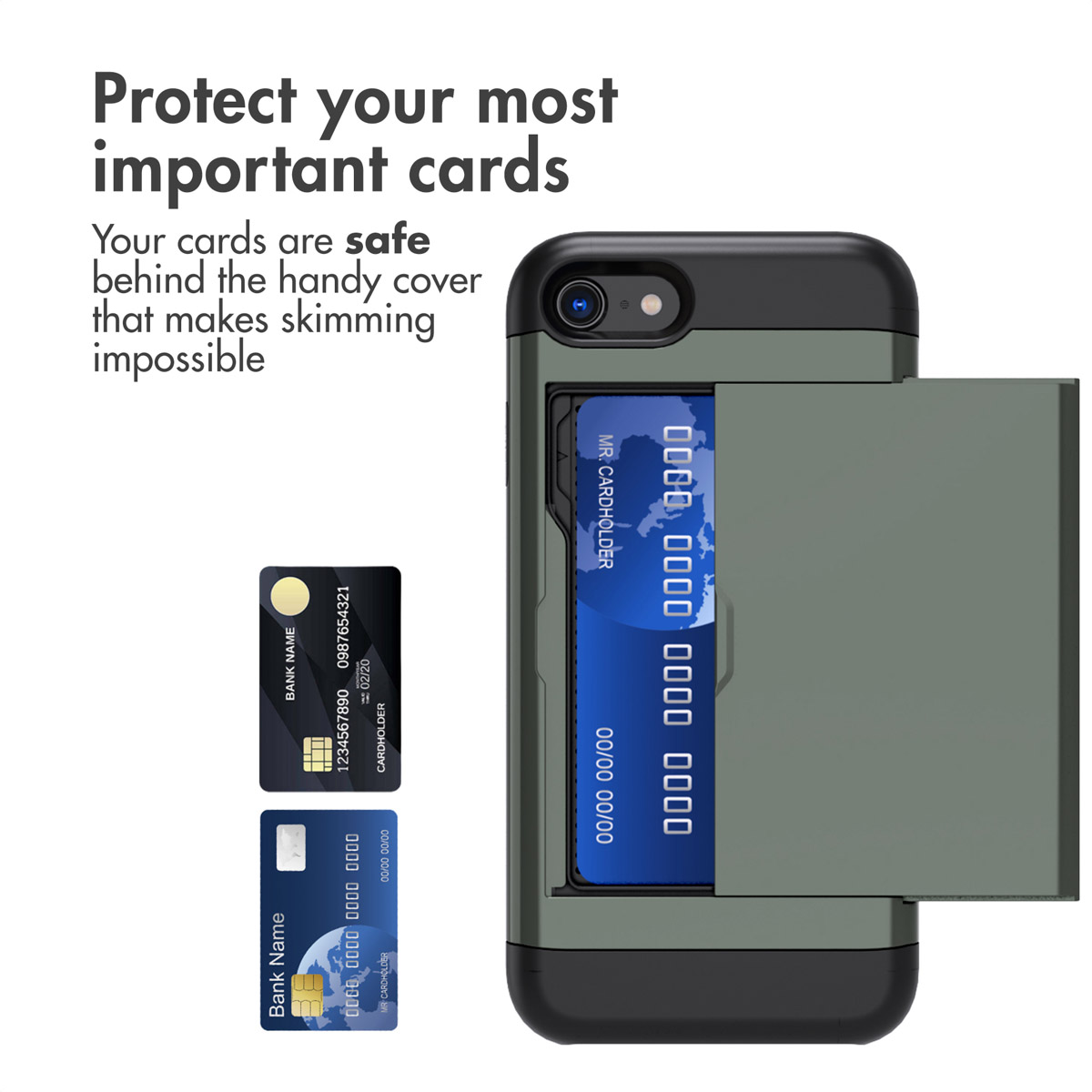Uno smartphone in custodia verde con vano porta carte, due carte di credito e testo.