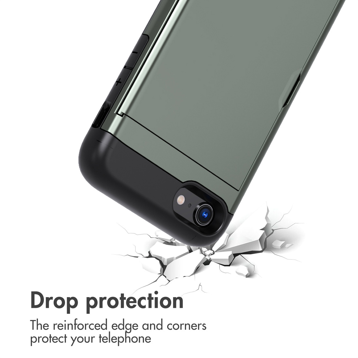 Uno smartphone in custodia protettiva verde e nera con testo di protezione.