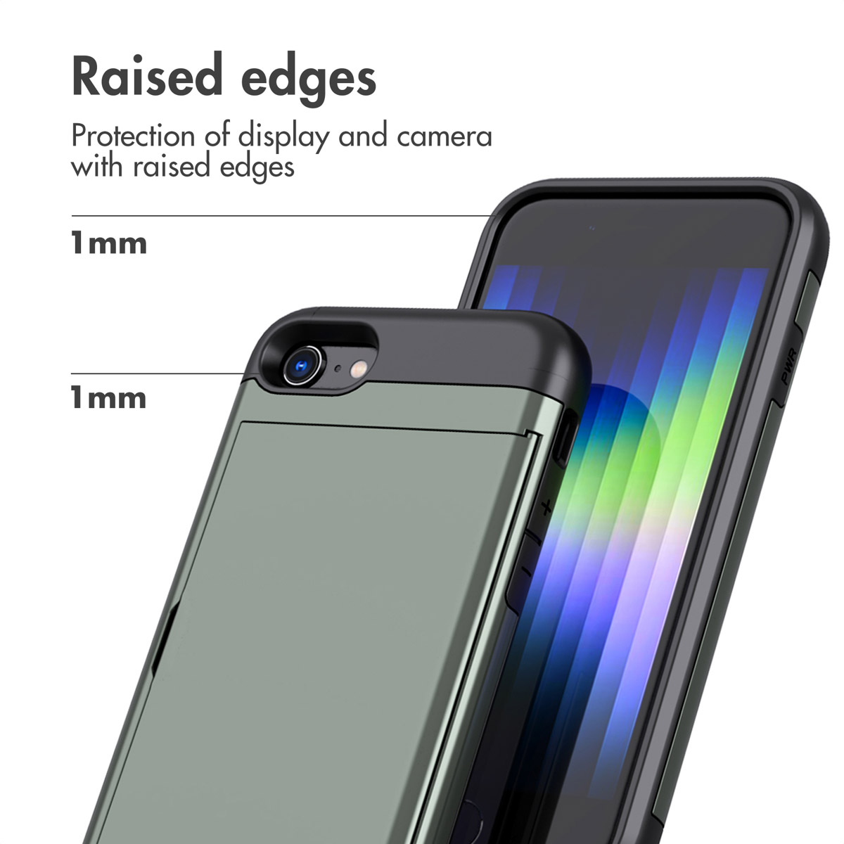 Smartphone in custodia protettiva con bordi rialzati di 1 mm per fotocamera e display.