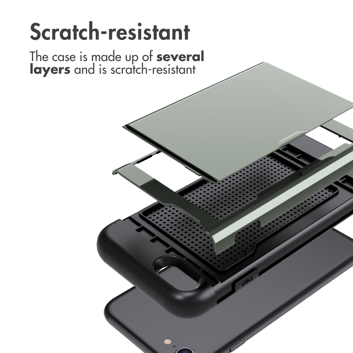 Vista esplosa di una custodia per smartphone antigraffio con più strati.
