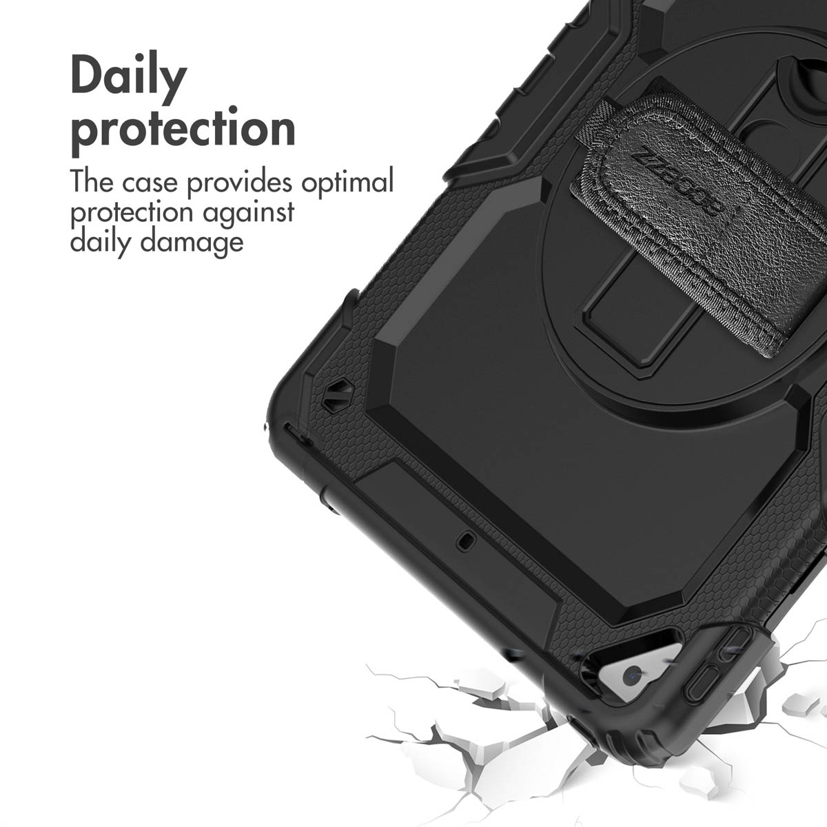 Coque de protection noire avec support intégré et sangle en tissu sur fond blanc avec du texte.