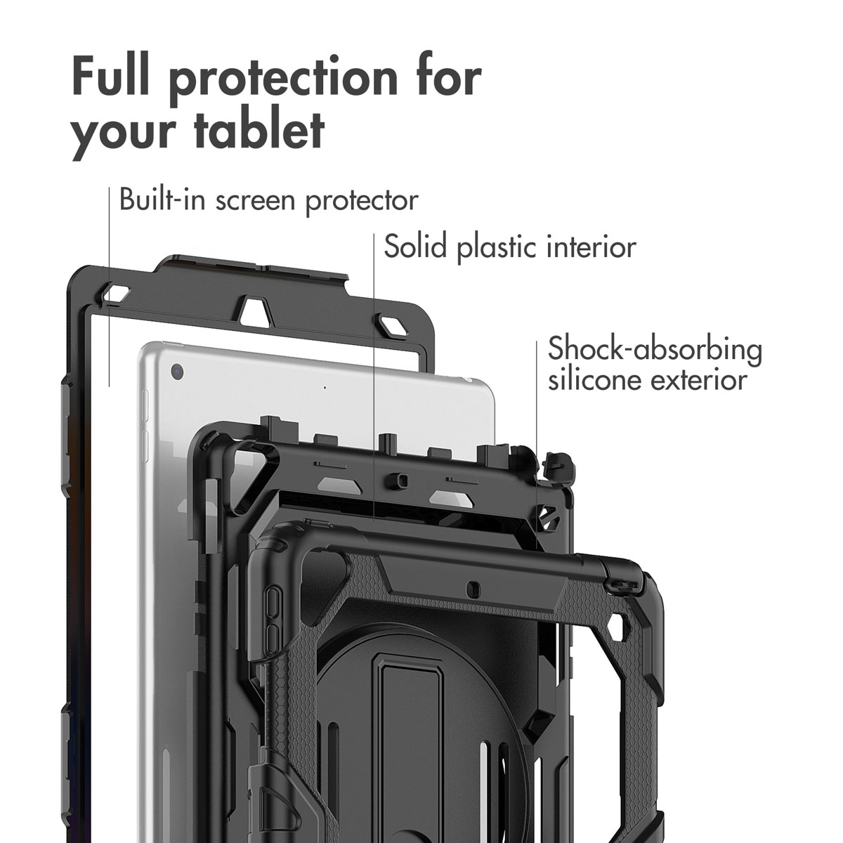 Vue éclatée d'une coque de tablette noire avec protecteur d'écran intégré, intérieur en plastique rigide et extérieur en silicone.