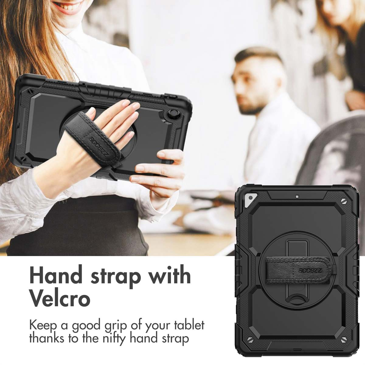 Une femme tient une tablette dans une coque de protection robuste avec dragonne velcro.