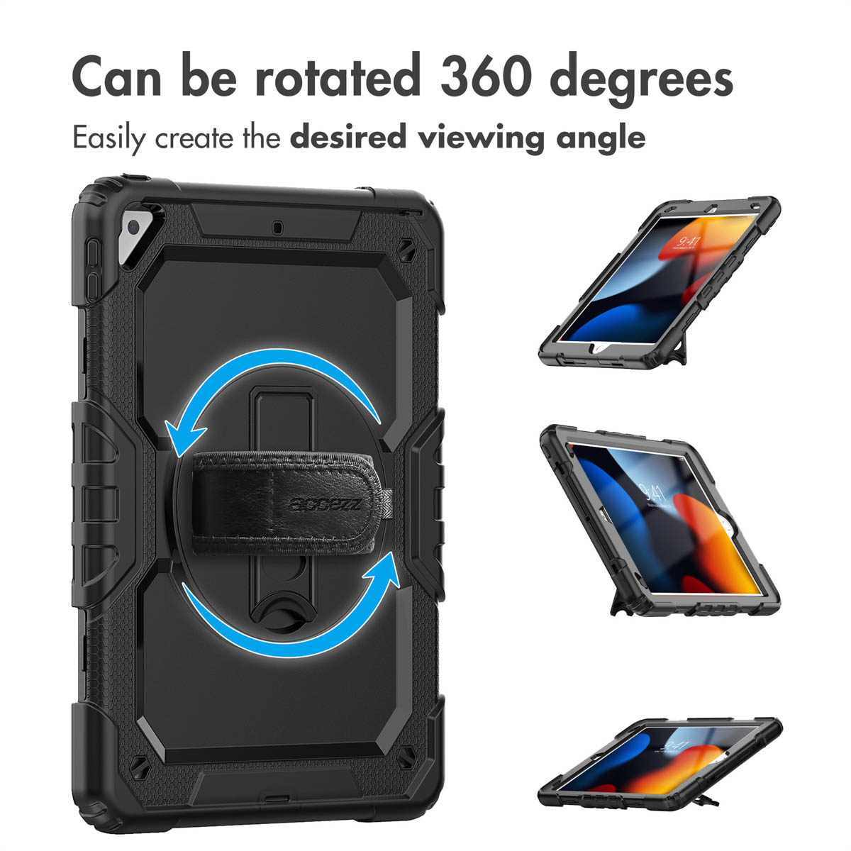 Étui de protection noir pour tablette avec dragonne rotative à 360 degrés et support.