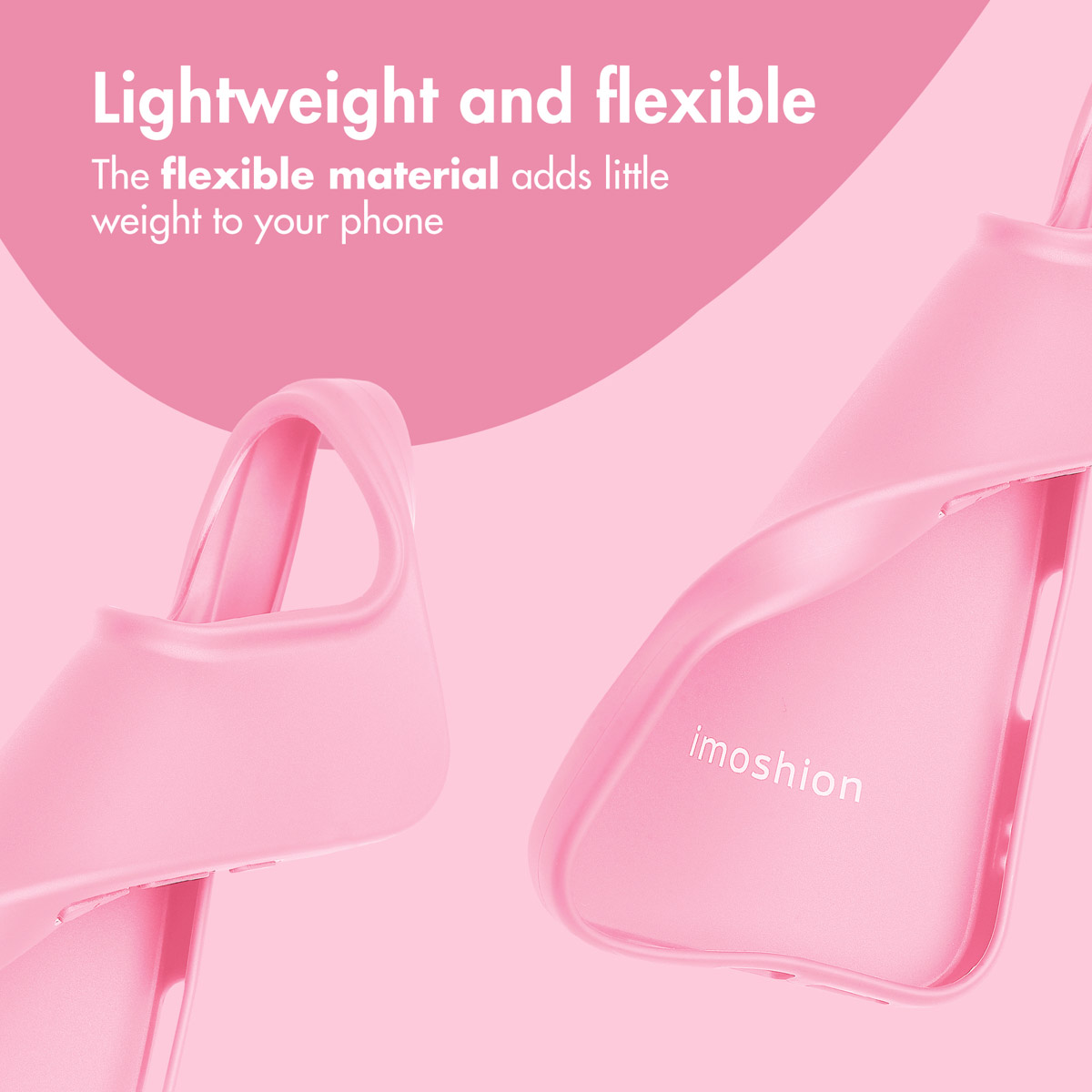Twee roze imoshion telefoonhoesjes op roze achtergrond met tekst.