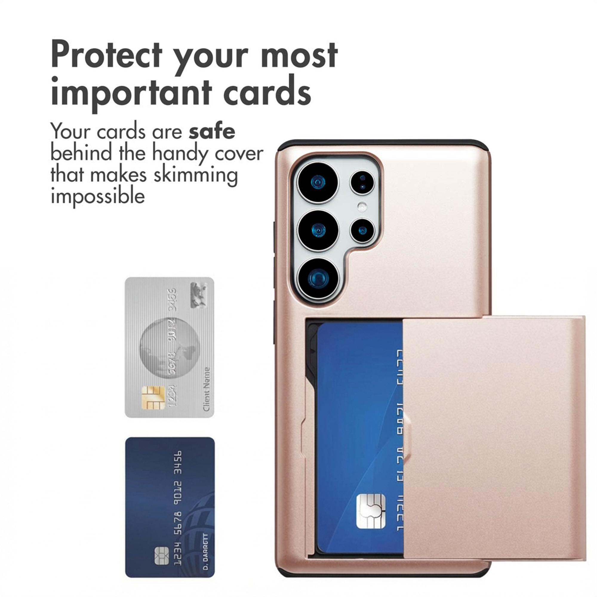 Rosegoldenes Smartphone mit Kartenetui auf der Rückseite, daneben zwei Kreditkarten und Text.
