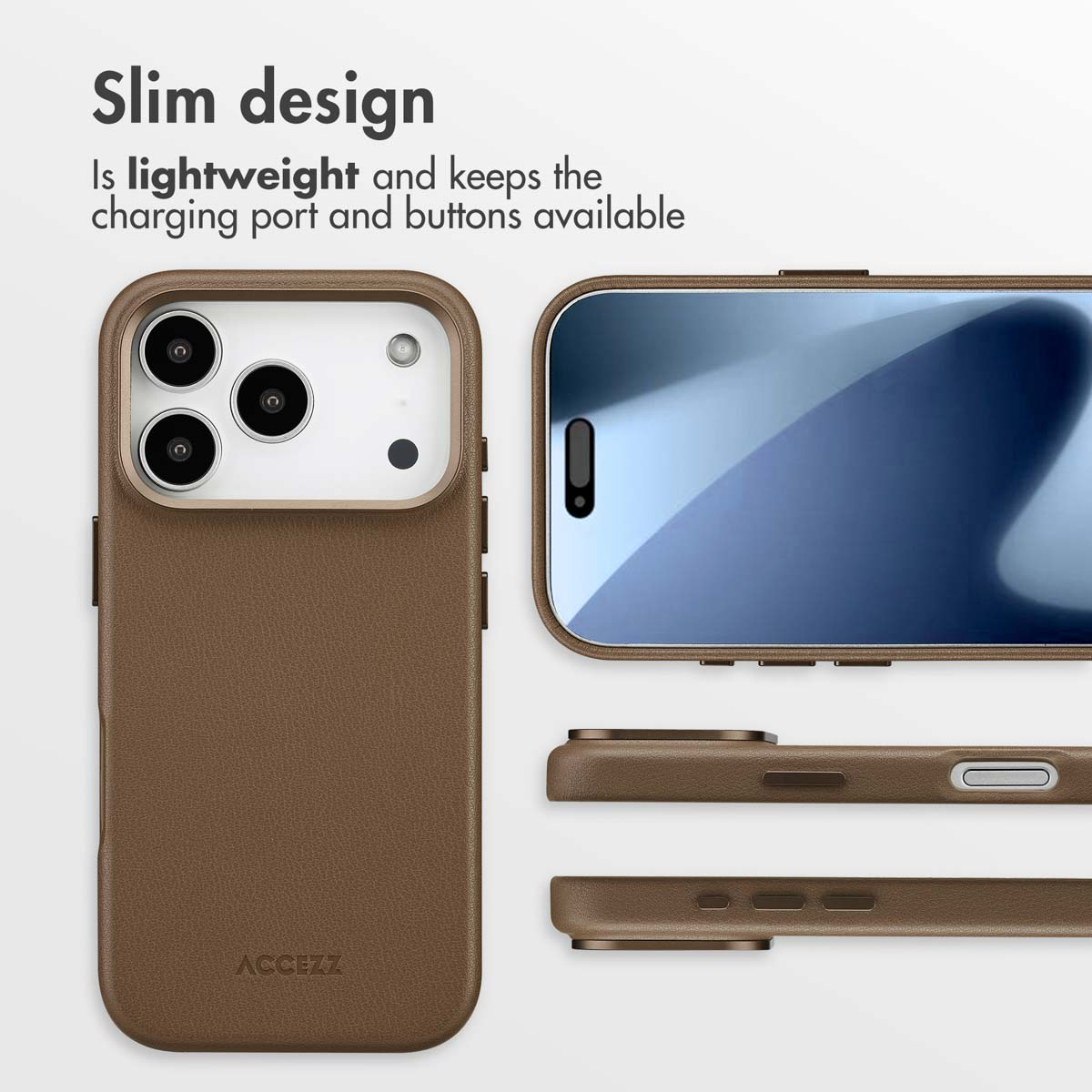 Funda de cuero marrón para smartphone mostrada desde varios ángulos con texto sobre su diseño delgado.