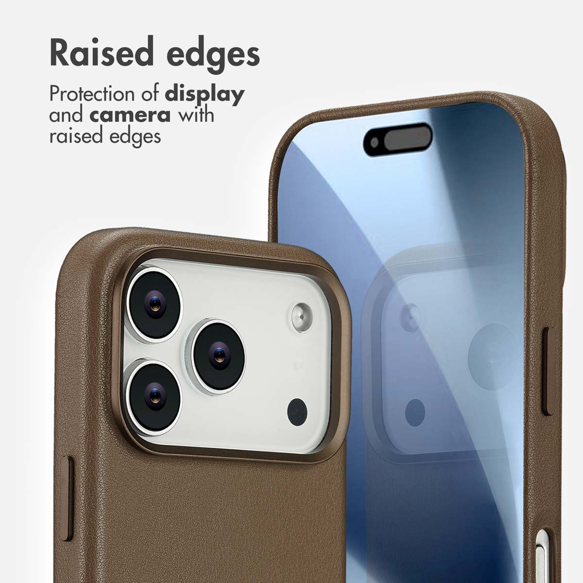 Funda de cuero marrón para smartphone que destaca bordes elevados para la protección de cámara y pantalla.