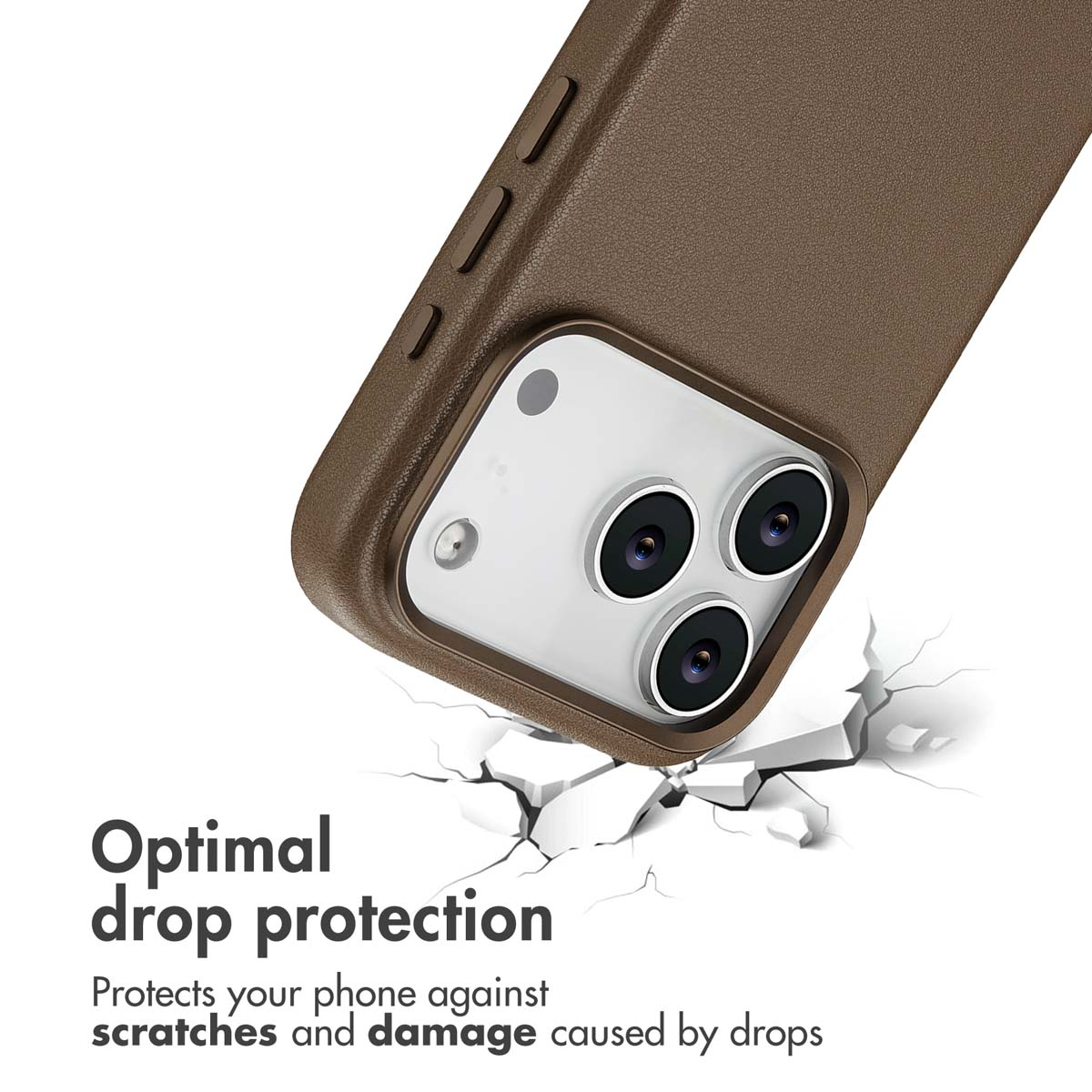 Un teléfono en funda de cuero marrón sobre superficie blanca agrietada con texto de protección.
