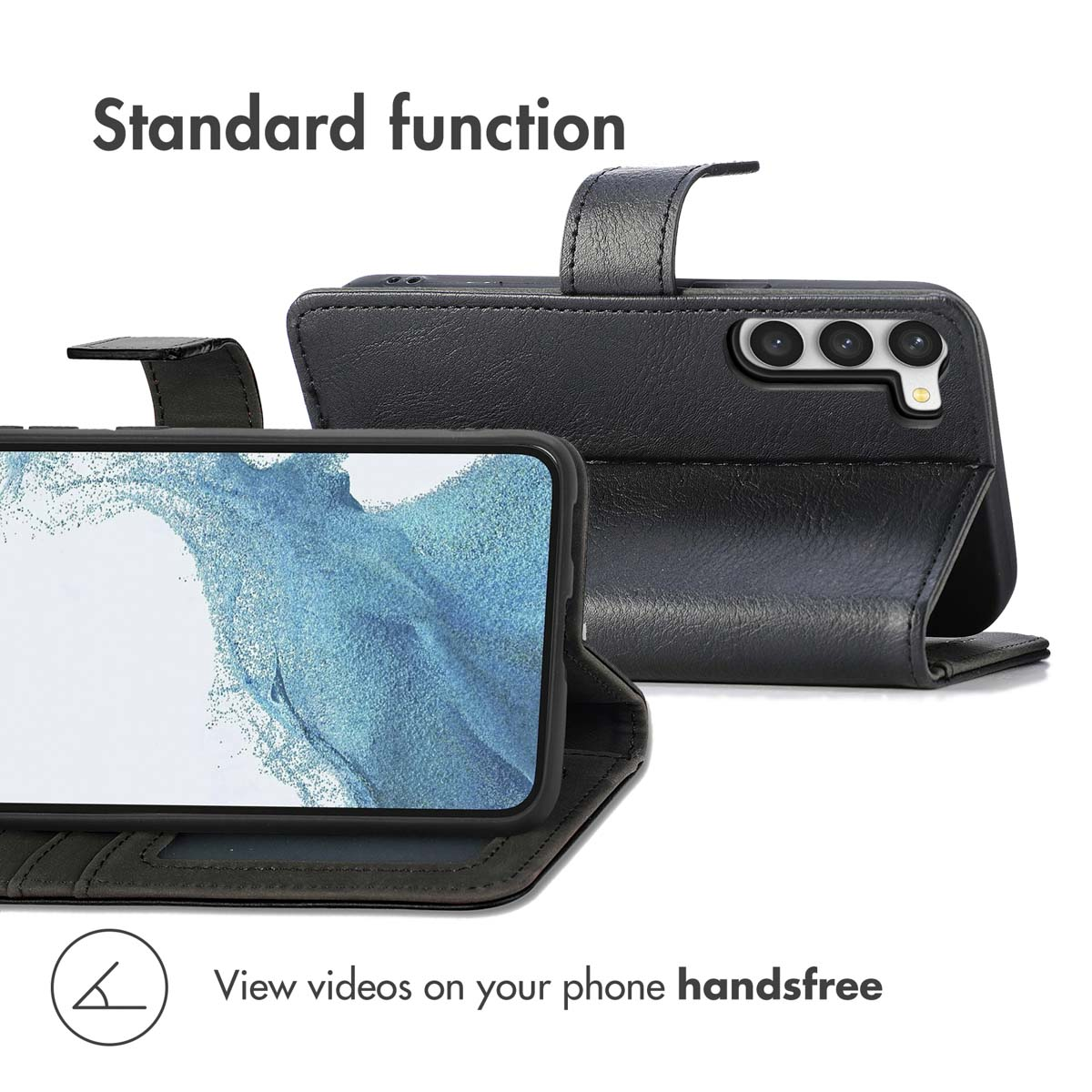 Un étui de téléphone en cuir noir avec fonction support pour les vidéos mains libres.