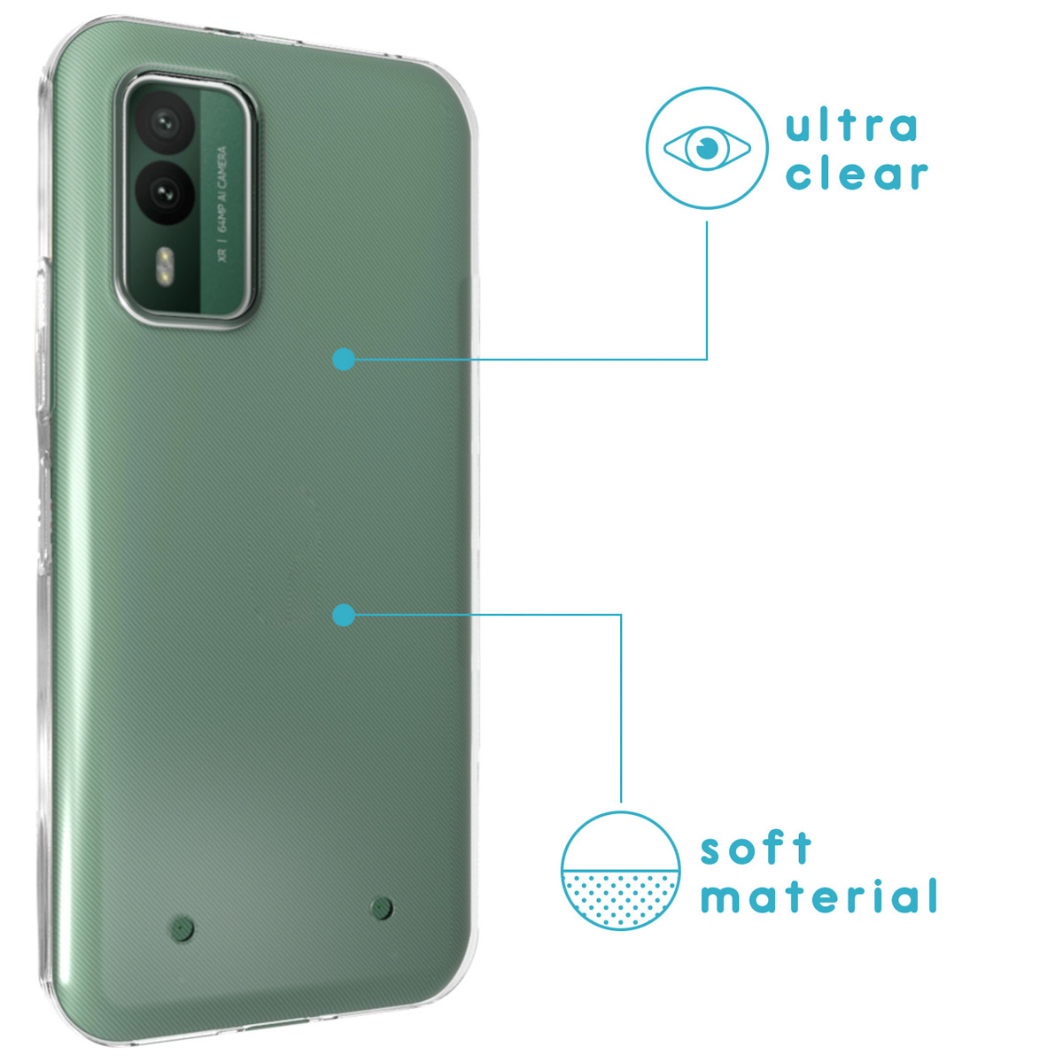 Smartphone verde en funda transparente con textos 'ultra clear' y 'soft material'.