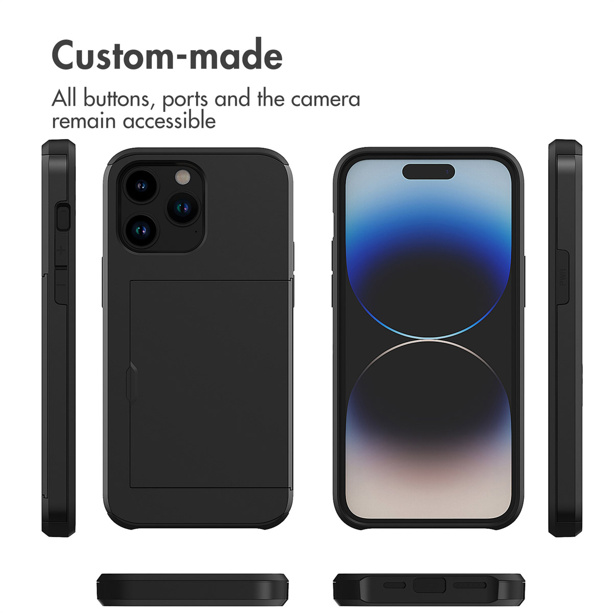 Funda negra para móvil con tarjetero muestra todos los ángulos y botones.