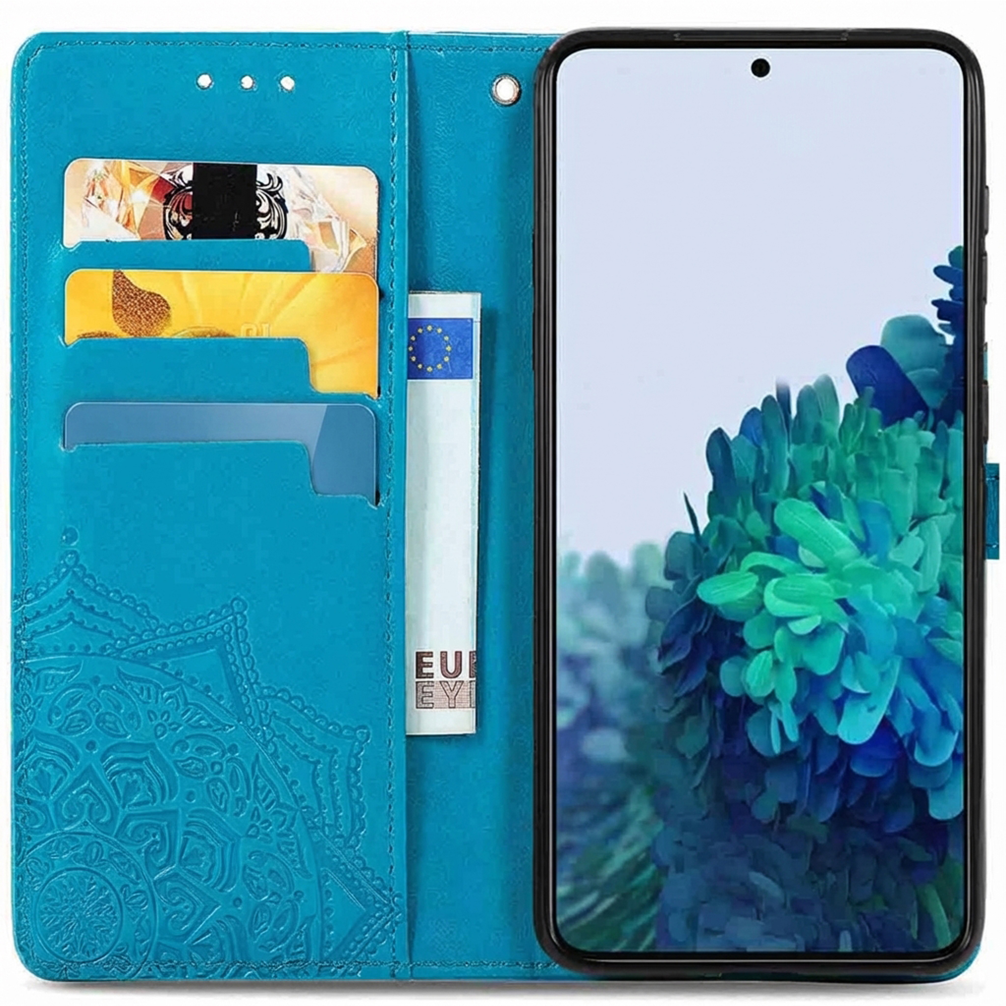 Étui portefeuille bleu pour smartphone avec motif mandala, fentes pour cartes et fond d'écran floral.