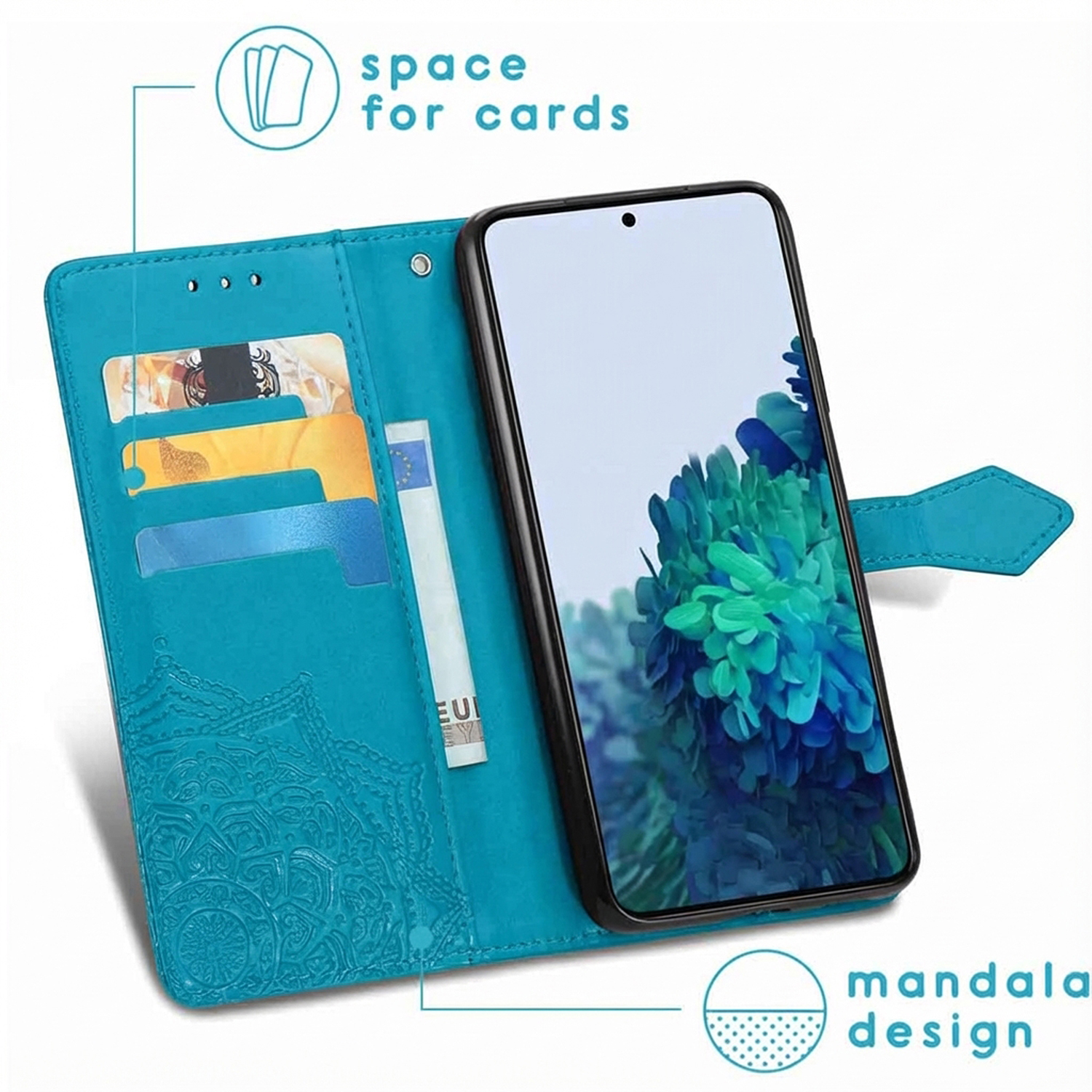 Étui de téléphone turquoise style portefeuille avec fentes et mandala.
